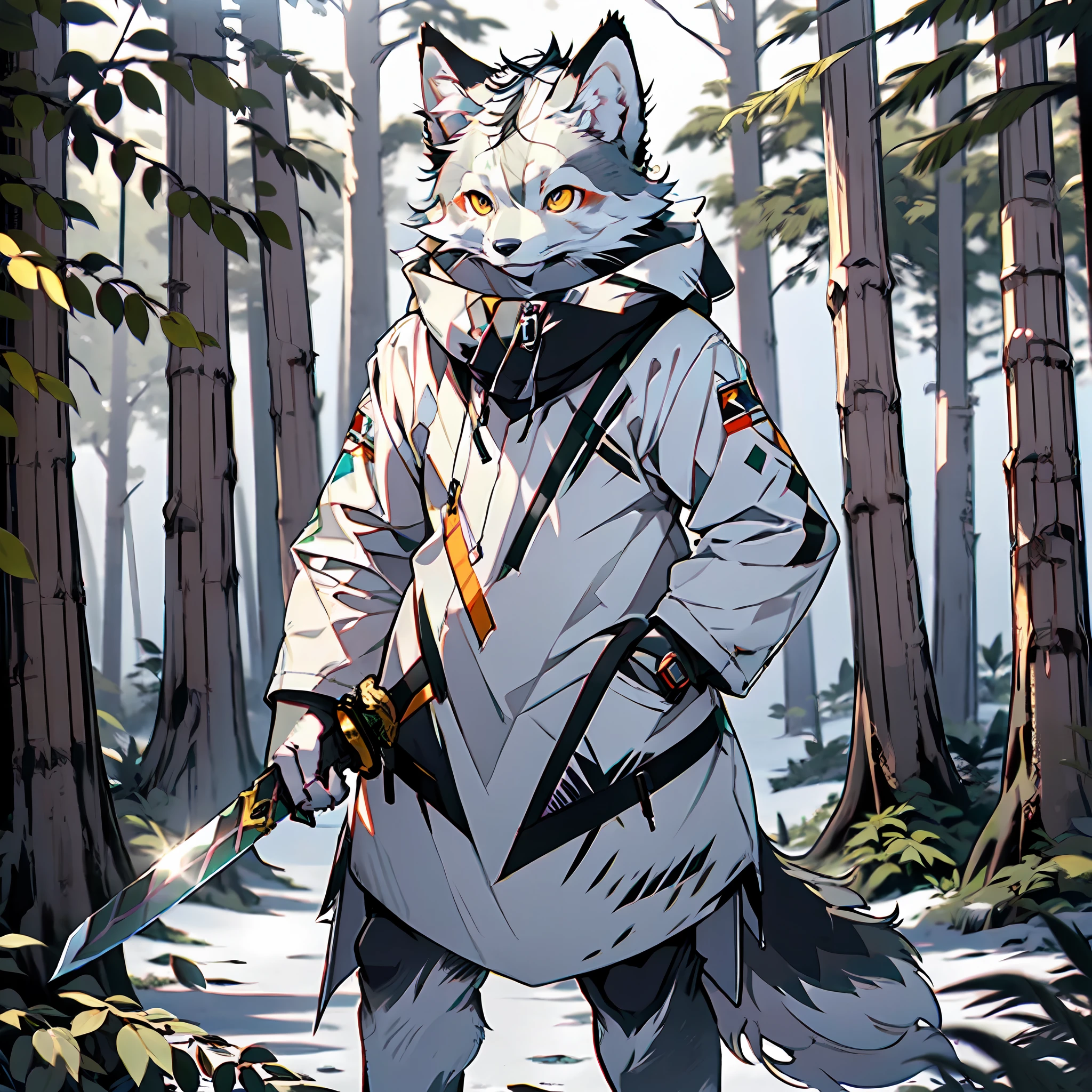 high detail, hyper quality, high resolution, 1080P, solo, furry, (male arctic fox: 1.5), (gray fur: 1.3), gray skin, gray ears, golden eyes, sharp claws, (fluffy tail: 1.2), sword on back, standing in the forest, ((standing in front of a log cabin))
