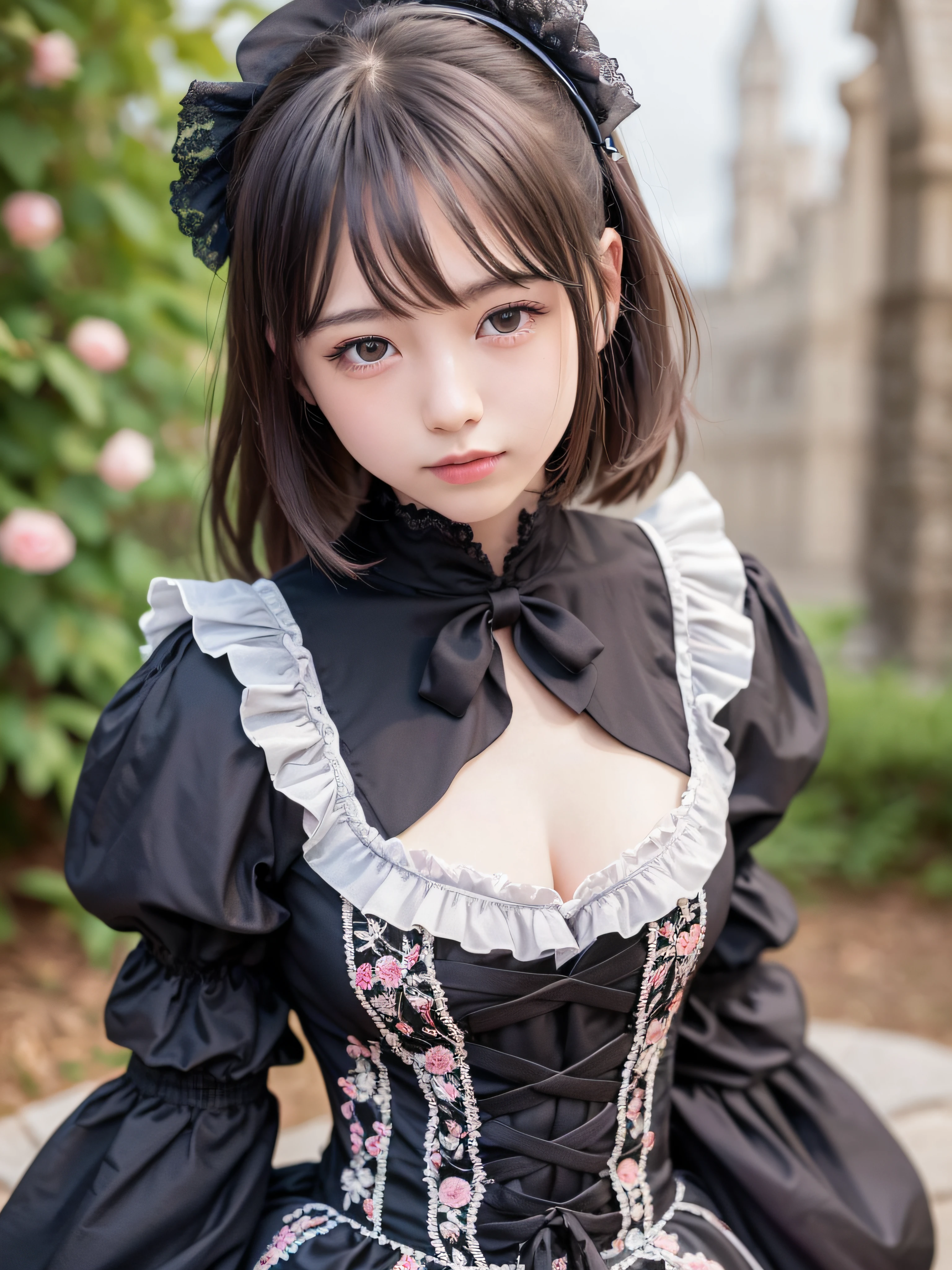 1 nogizaka girl, utterly cute, bishojo, ((15yo)), (gothic lolita fashion), an exquisitely detailed and beautiful face and eyes and skin, detailed black shine hair, elegant frills, frilled tie, ribbon tie, rose hair accessory, smile at the camera, cowboy shot, (castle in europe), professional lighting, (realistic, photo-realistic:1.37), 8k, (masterpiece), (best quality:1.4), (ultra high res:1.2), (RAW photo:1.2), (a dress with delicate lace, soft fabric, and a beautiful rose pattern), perfect anatomy, 4fingers and 1thumbs, ultra detailed background, (unity 8k wallpaper)