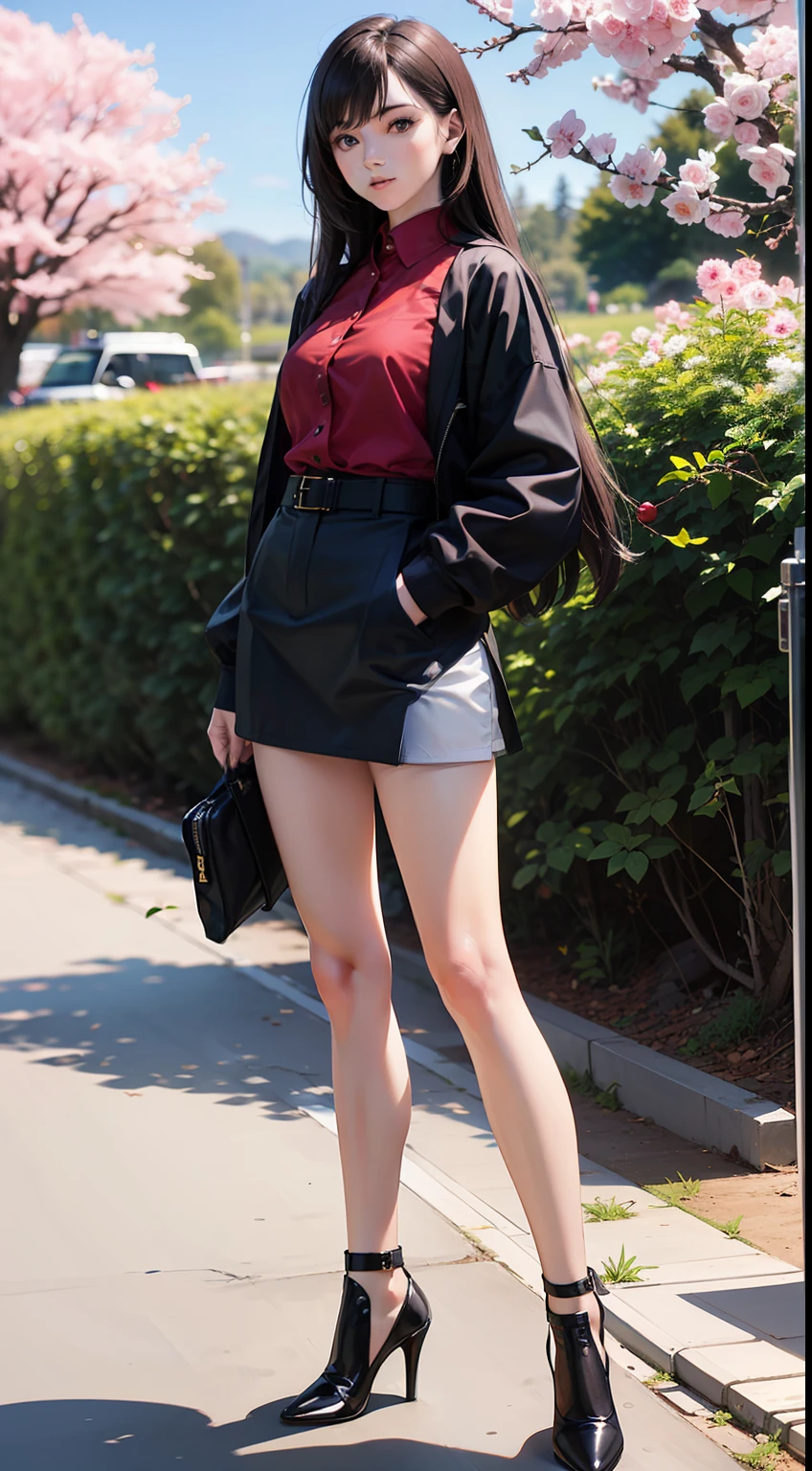 an extremely best quality, masterpiece,extremely detailed,realistic,.A beautiful girl casually standing in front of cherry tree and mecha, center, whole body, mecha, long hair, white miniskirt, long legs, high heels, looking at the camera,  photo..
