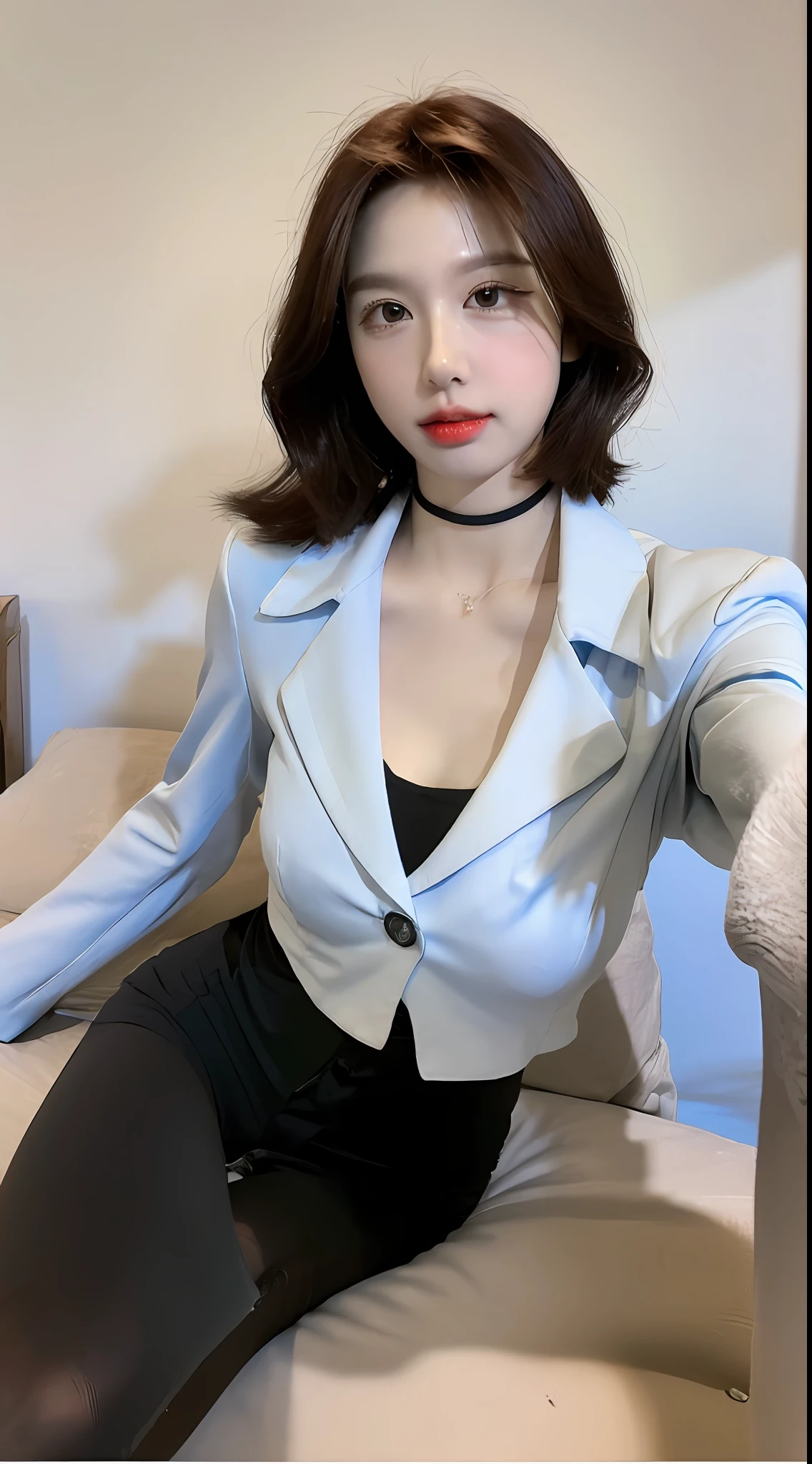 ((Realistic lighting, Best quality, 8K, Masterpiece: 1.3)), Focus: 1.2, 1girl, Perfect beauty: 1.4, Slim Abs: 1.1, ((wavy red hair, small breasts: 1.3)), (black chocker, ,Transparent button up white tight office suit : 1.5, Black open crotch socks: 1), (Outdoor, night: 1.2), thin eyes, Double eyelids, (lying on bed: 1.4), facing the camera,  legs open, (half body: 1)