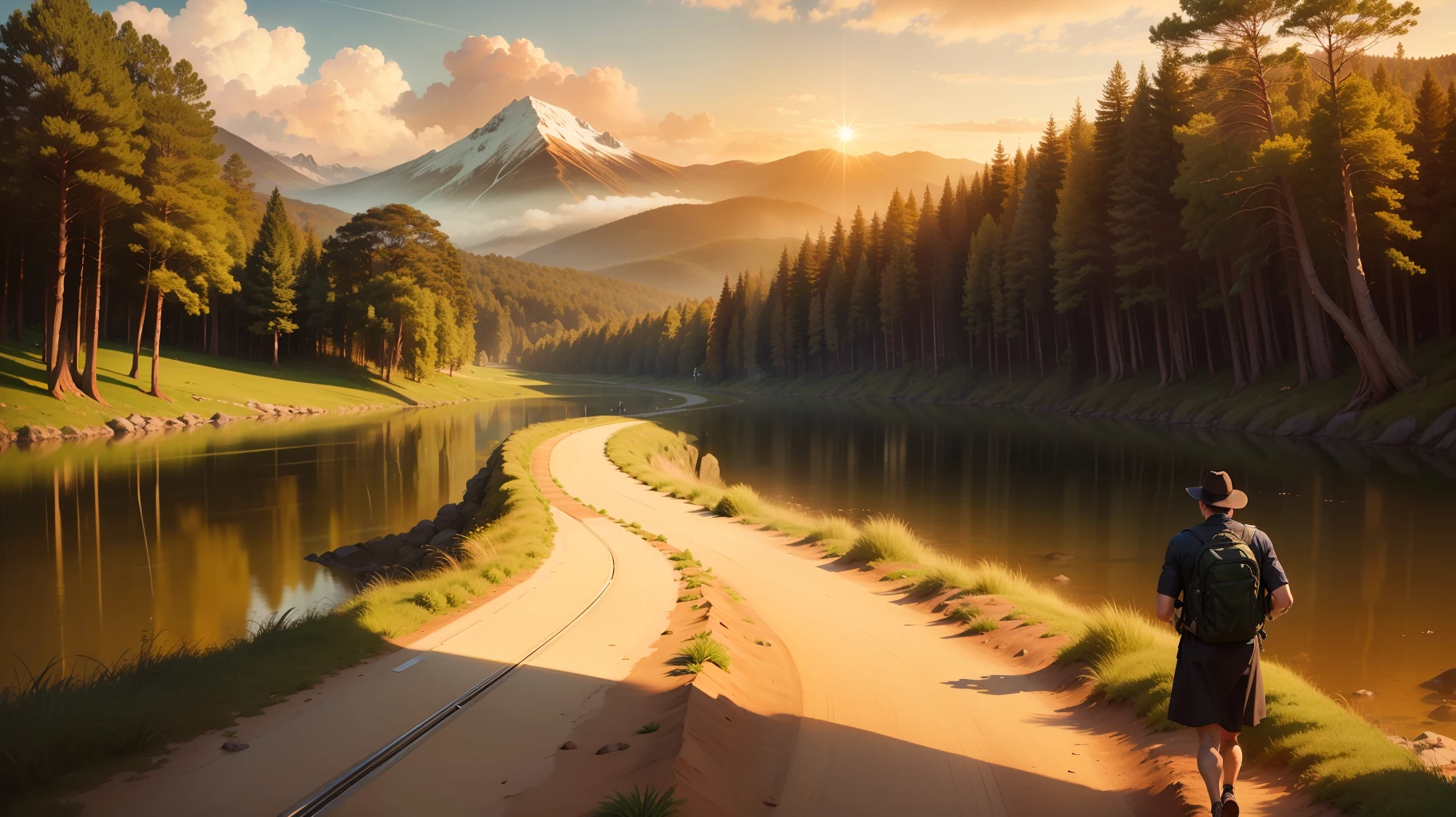 man, landscape, nature, mountains, paths, path, path to heavens, palm trees, alone, alone, straight path, natural view, divine, clouds, cloud, heavens, sky, sun, detailed sky, path to, back, manly, manly, manly, vigorous, strong, well dressed, tunic, decent, walk, run, path, beauty path, life path, nature, beautiful place, paradise, back, walking, sky, God, Heavens, nature,  nature, forest, forests, straight path, towards the heavens, heavenly, looking straight path, towards photorealism, photorealistic, ultra hd, 4k, detailed textures, futuristic colors, detailed colors,