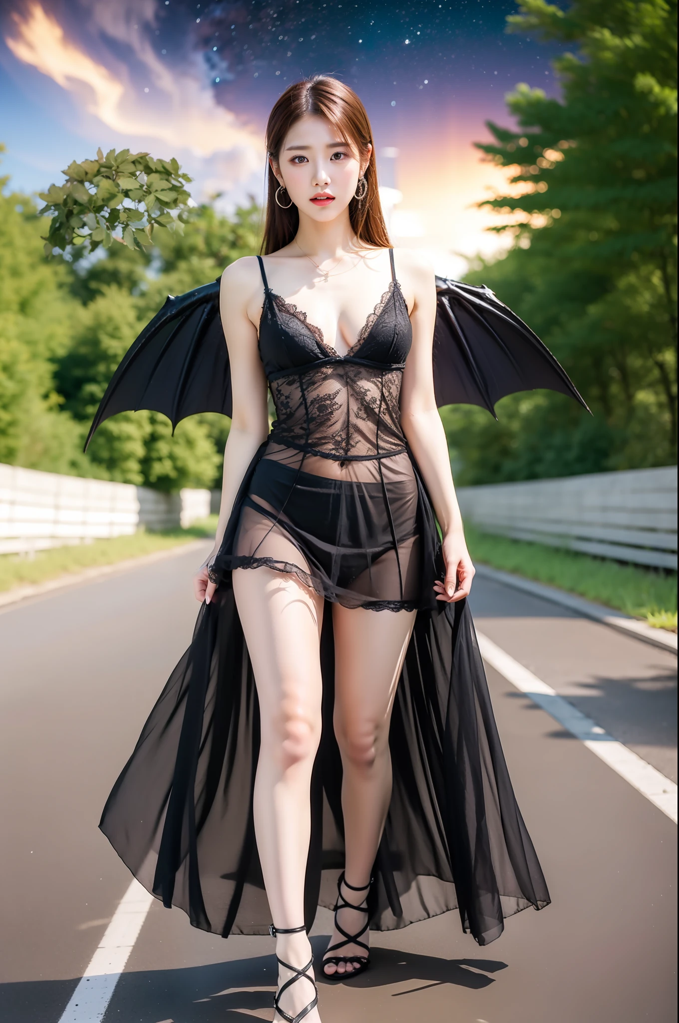 8K, RAW photo, high quality, realistic, full body photo, young woman with demon wings, beautiful devil, brown hair, long hair, brown eyes, small head, perfect chest shape, real face, real skin, nipple prominence, prominent pubic bone, tease, seduction, countryside, starry sky, shooting star, large depth of field, no blurring background