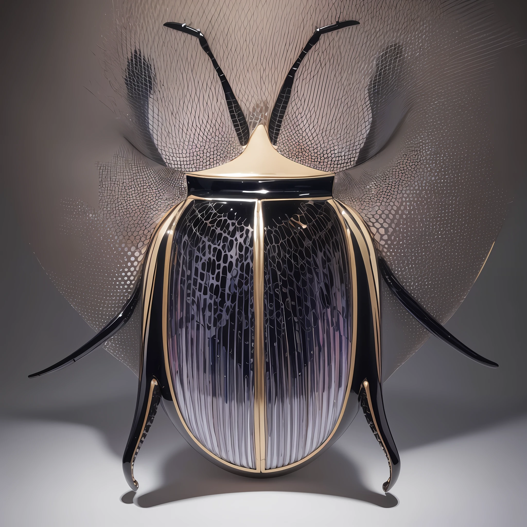 Masterpiece, best quality, a beautiful model in a sleek jumpsuit inspired by the exoskeleton of a beetle. The jumpsuit is crafted from a black fabric with a subtle metallic sheen, mimicking the beetle’s shiny appearance. Geometric cutouts and structured lines add a modern and edgy touch, while subtle iridescent accents capture the mesmerizing hues seen in certain beetle species.