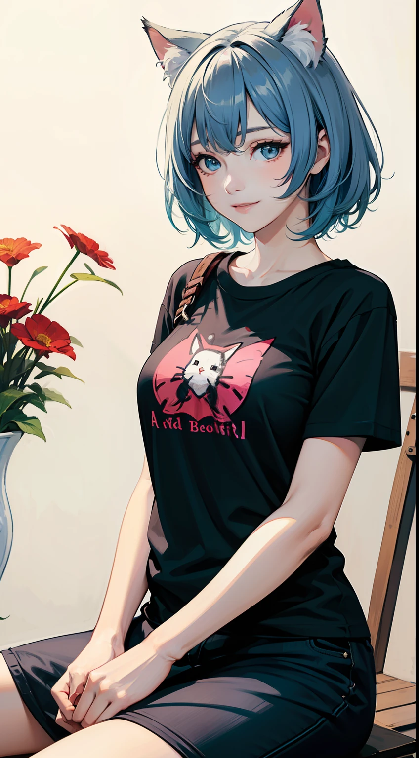 (masterpiece, best quality), light color, beautiful girl, cat ear, light blue hair, smile, slim body, breasts, sitting, ((t-shirt)), ((detailed beautiful eyes)), many flowers, a detailed painting, depth of field