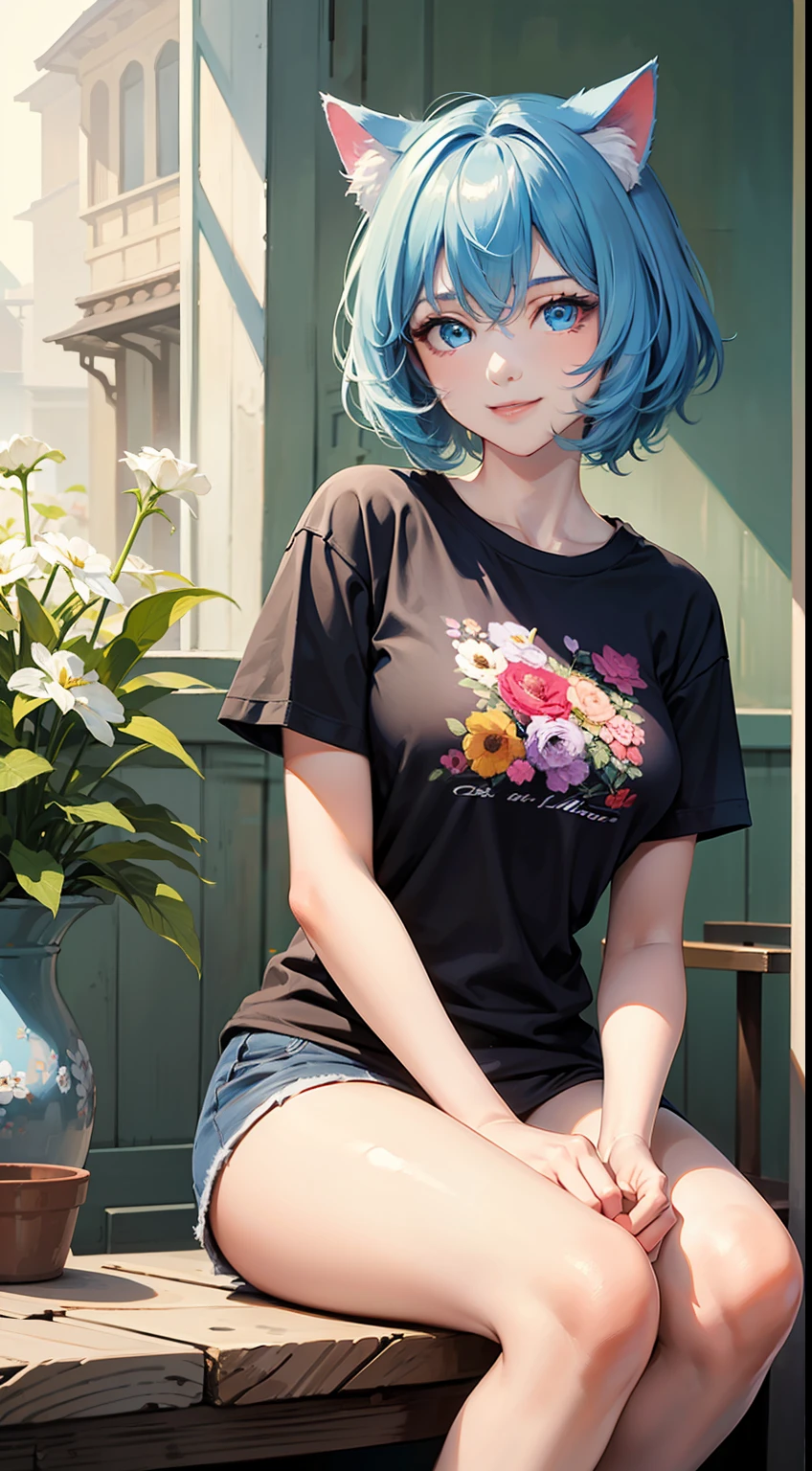 (masterpiece, best quality), light color, beautiful girl, cat ear, light blue hair, smile, slim body, breasts, sitting, ((t-shirt)), ((detailed beautiful eyes)), many flowers, a detailed painting, depth of field