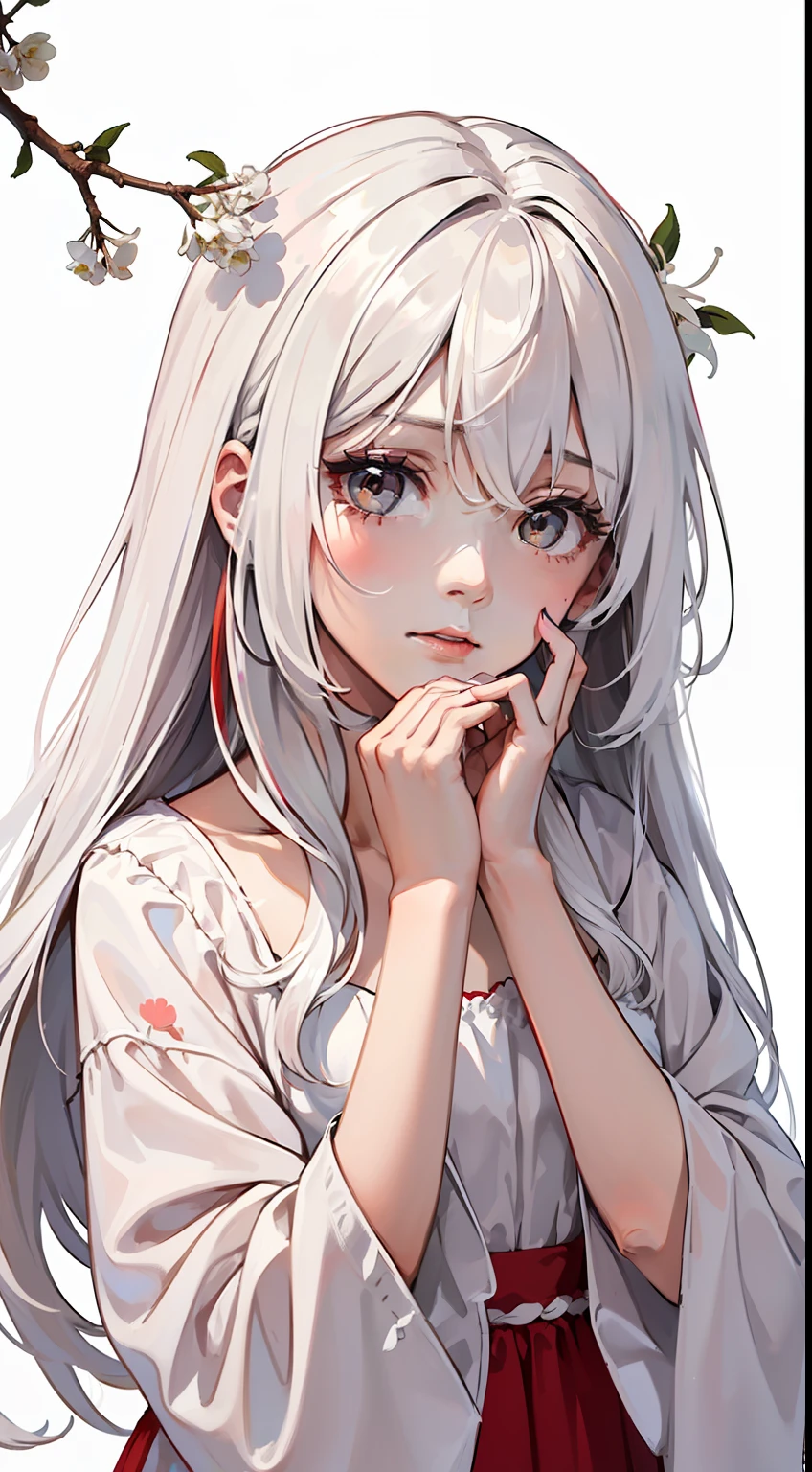 (1girl:1.2), (white hair:1.2), long hair, white eyes, light pink hair ornament, long bangs, hair between eyes, portrait,
white and pink dress, outline,
(hands on own face:1.2)
(white background:1.3), (Brownish red branches full of small white flowers:1.25), (Abelia:1.25), (upper body:1.3), (A splash of colored paint1.15), Movie poster,