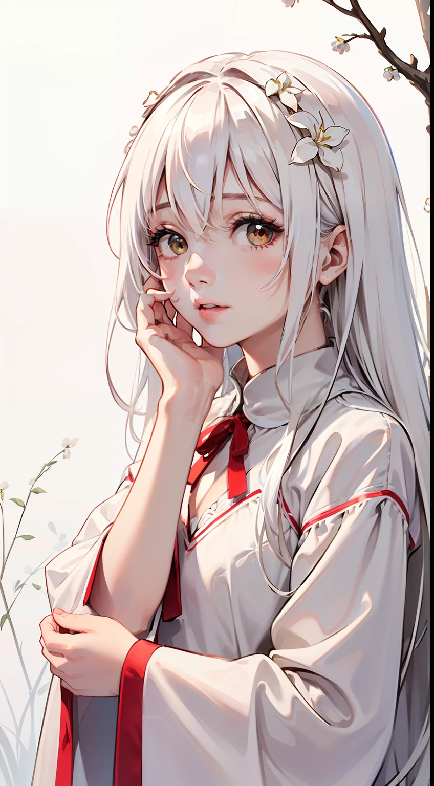 (1girl:1.2), (white hair:1.2), long hair, white eyes, light pink hair ornament, long bangs, hair between eyes, portrait,
white and pink dress, outline,
(hands on own face:1.2)
(white background:1.3), (Brownish red branches full of small white flowers:1.25), (Abelia:1.25), (upper body:1.3), (A splash of colored paint1.15), Movie poster,