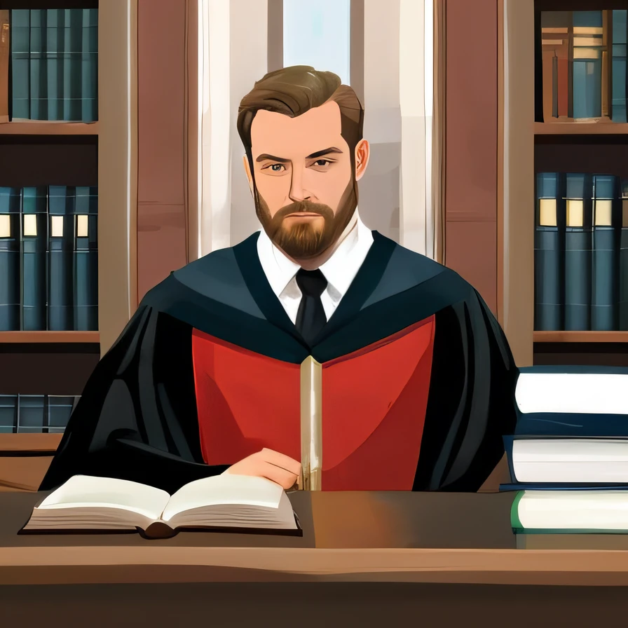 a vector illustration of a robed man sitting at a table with books, lawyer, dressed as judge's robes, ((black clothing)), all black clothing, ((black robes)), images of court session, in a courtroom, courtroom scene, in courtroom, stylized digital illustration, court drawing, judge, defense attorney, sitting in court, drawing of courtroom, portrait of sinister teacher, wearing robes and ties, courtroom