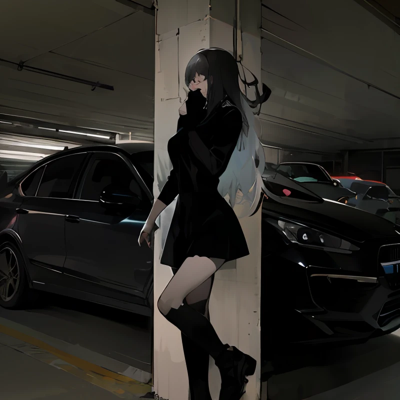 anime girl posing in garage with car parked nearby, black outfit, dark dance photography aesthetics, black clothes, gothic girl aesthetics, dark aesthetics dressed in all black, in black clothes, in black clothes, she is dressed in black dress, black clothes are oversized, dark and moody aesthetics, gothic aesthetics, dressed in black, in front of the garage