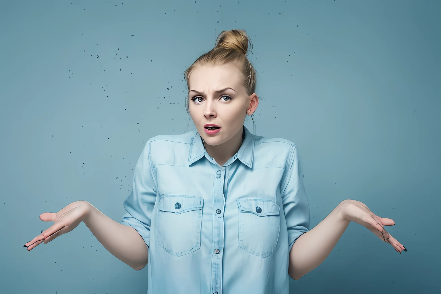 a woman with a messy bun in her hair is shrugs her hands out and looks surprised, confused expression, confused facial expression, shrugging arms, looking confused, annoyed expression, annoyed facial expression, shrugging, young angry woman, confused, not smiling, frustrated expression, irritated expression, full body sarcastic pose, surprised frown, ugly woman, frowning expression