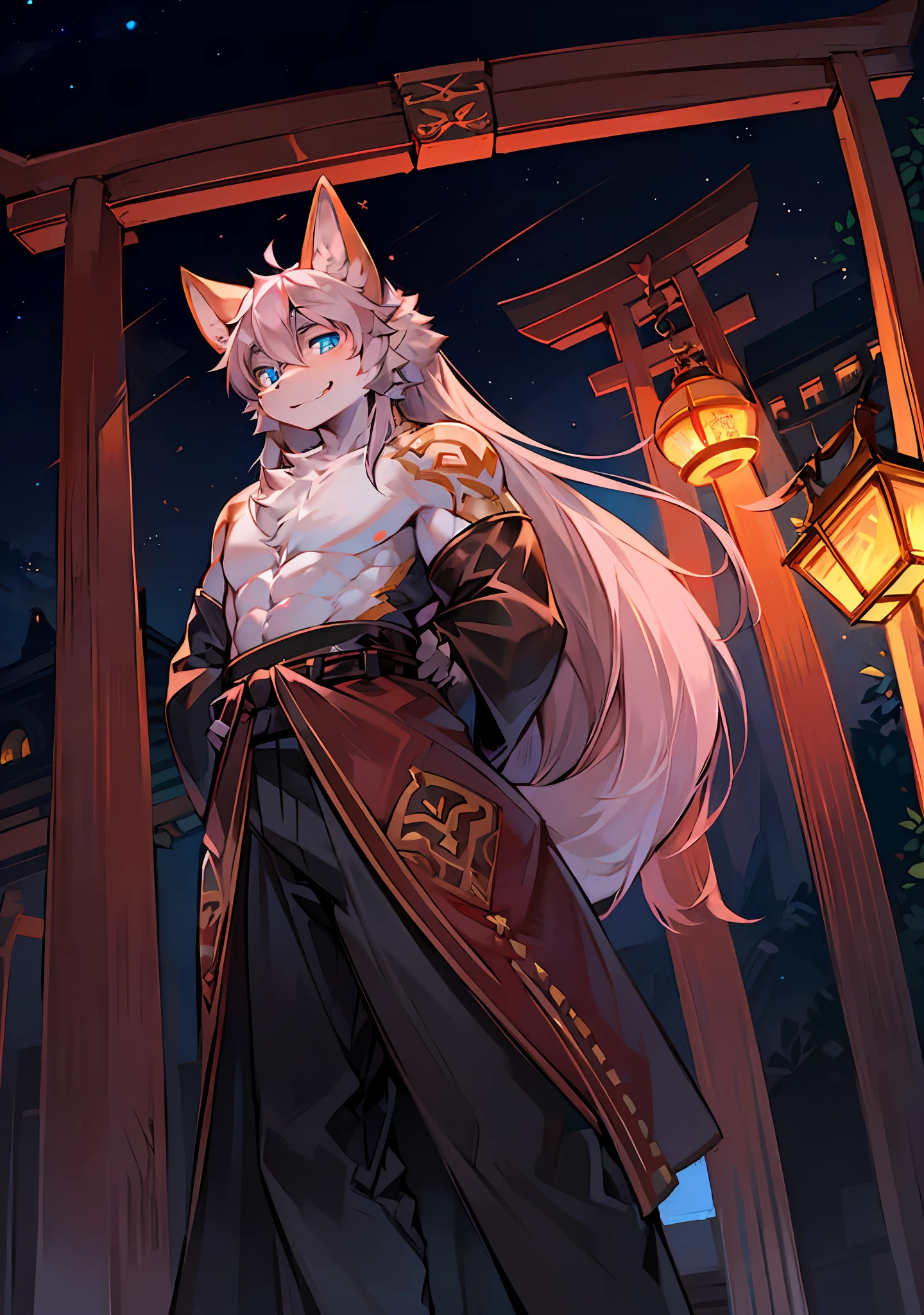 Bright eyes, panorama, character focus ,solo, furry, furry male cat, male yellow-white fur, blue eyes, gray hair (long), bare body, lying on bed without pants, young style, height one meter seven, handsome, has a tail,