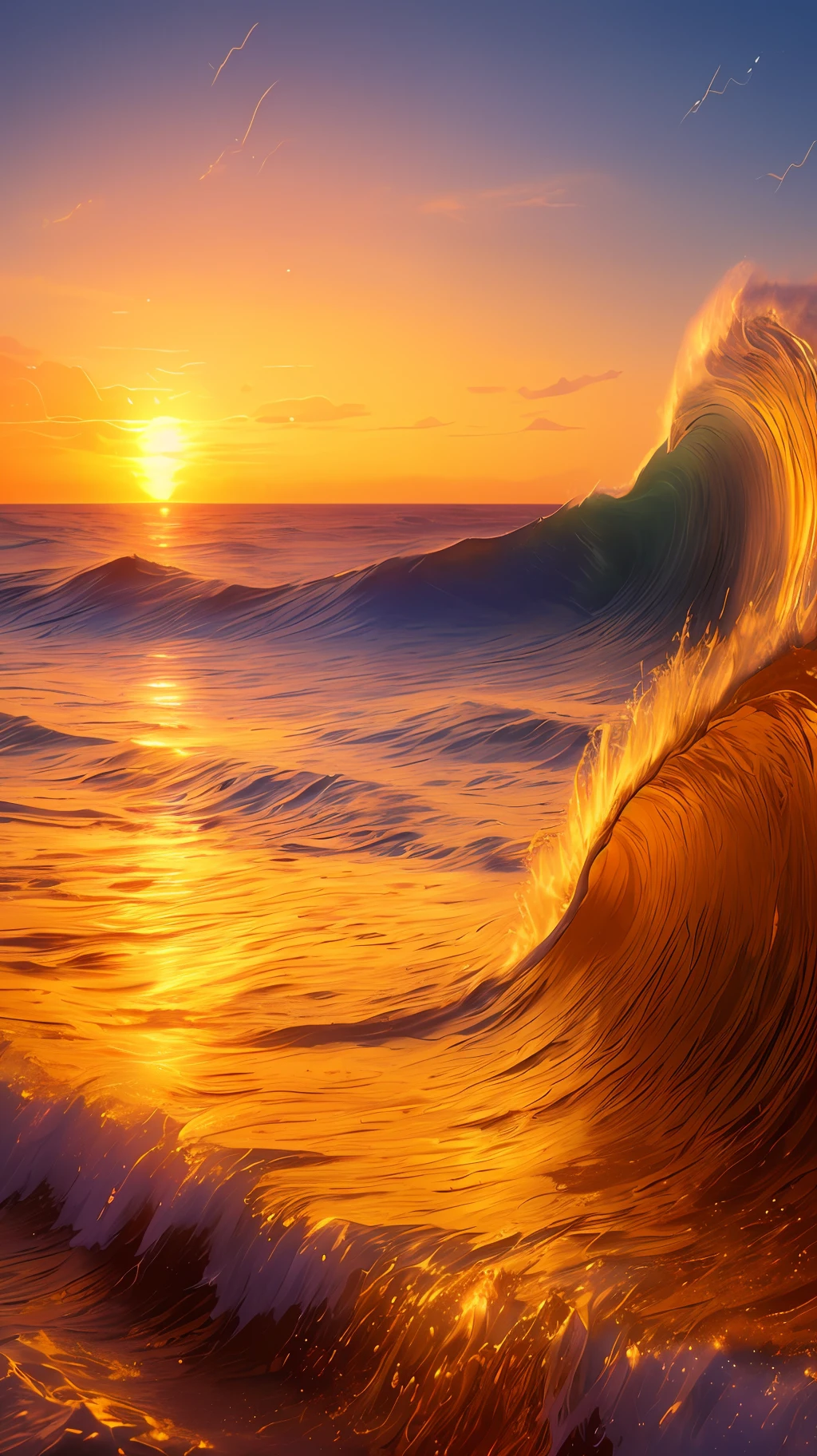 Masterpiece, best quality, (8k very detailed CG unit wallpaper) (best quality), (best illustration), (best shadows) a golden sea wave, bright orange aol sunset through the wave, golden droplets flying, (:1.6)