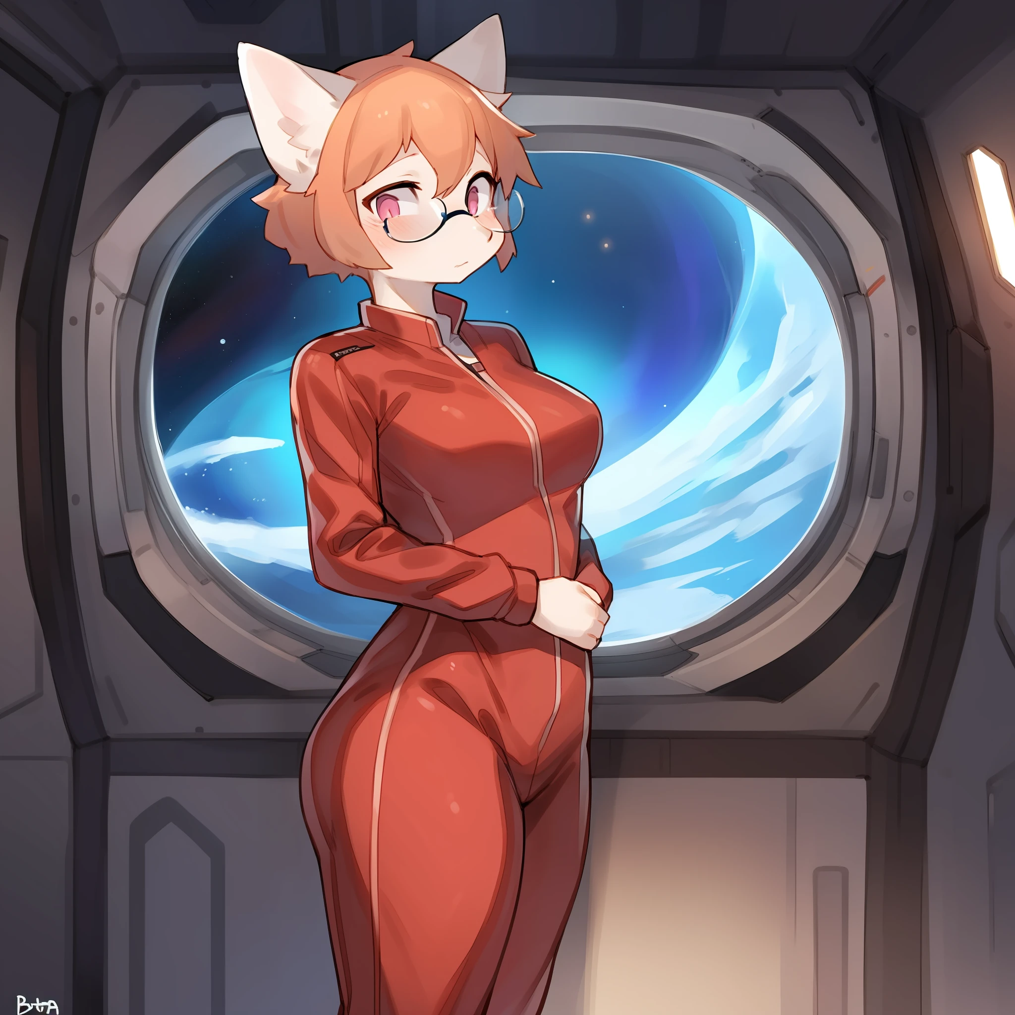 Solo, female, white fur, peach stripes, striped fur pattern, light orange hair, medium hair, pink eyes, detailed eyes, detailed hands, snout, mature, medium breasts, thick-rimmed glasses, standing, by buta99, by bebebebebe, red jumpsuit, red spacesuit, space, spaceship, window, bored expression, hands at her sides, casual pose