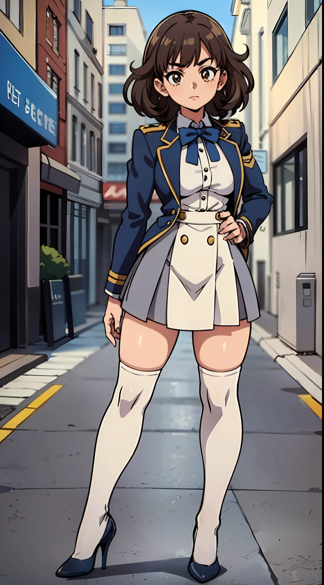 an anime style picture of the girl in the short skirt and white thigh high socks and high heels, 1girl, hazel eyes, brown curly hair, solo, gray blazer, gray skirt, white thigh high socks, black high heels, uniform, highly detailed face, perfect feet, portrait, full body