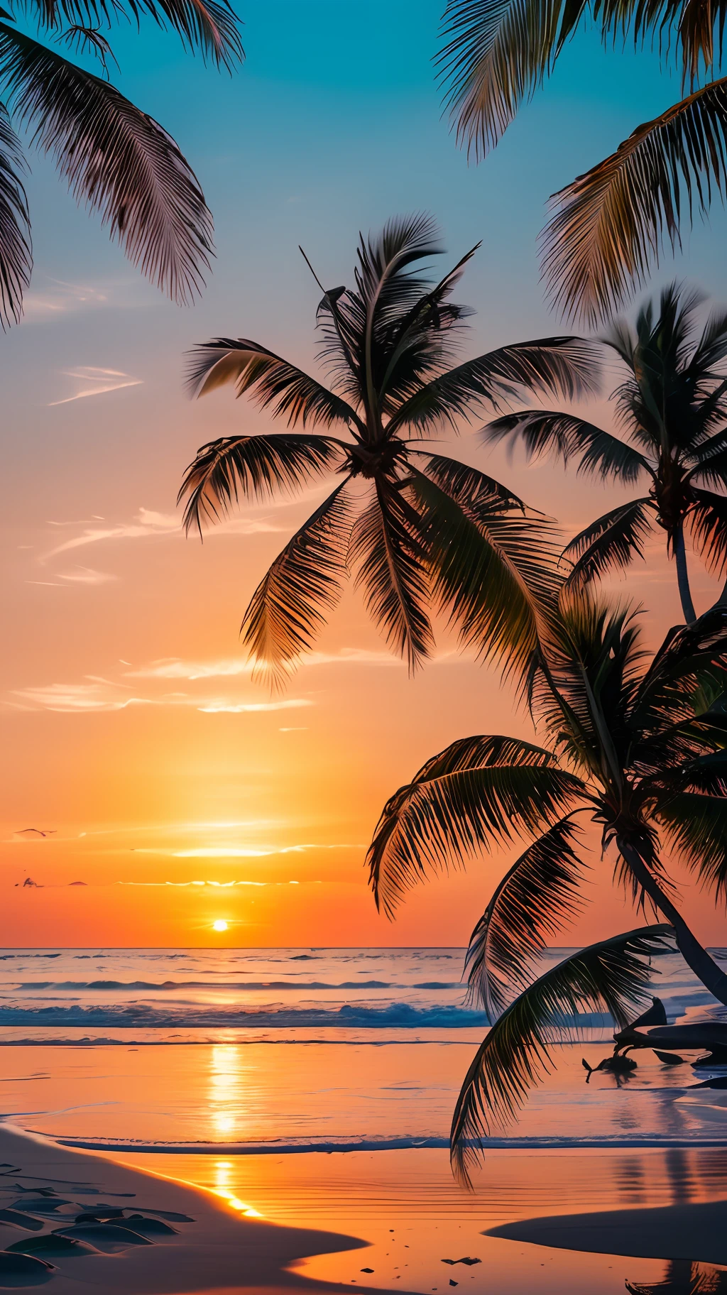 Create a 4K 9:16 image that depicts a stunning sunrise on a tropical beach, with gentle waves and palm trees along the coast. The color palette should be vibrant and convey a sense of renewal and positive energy.