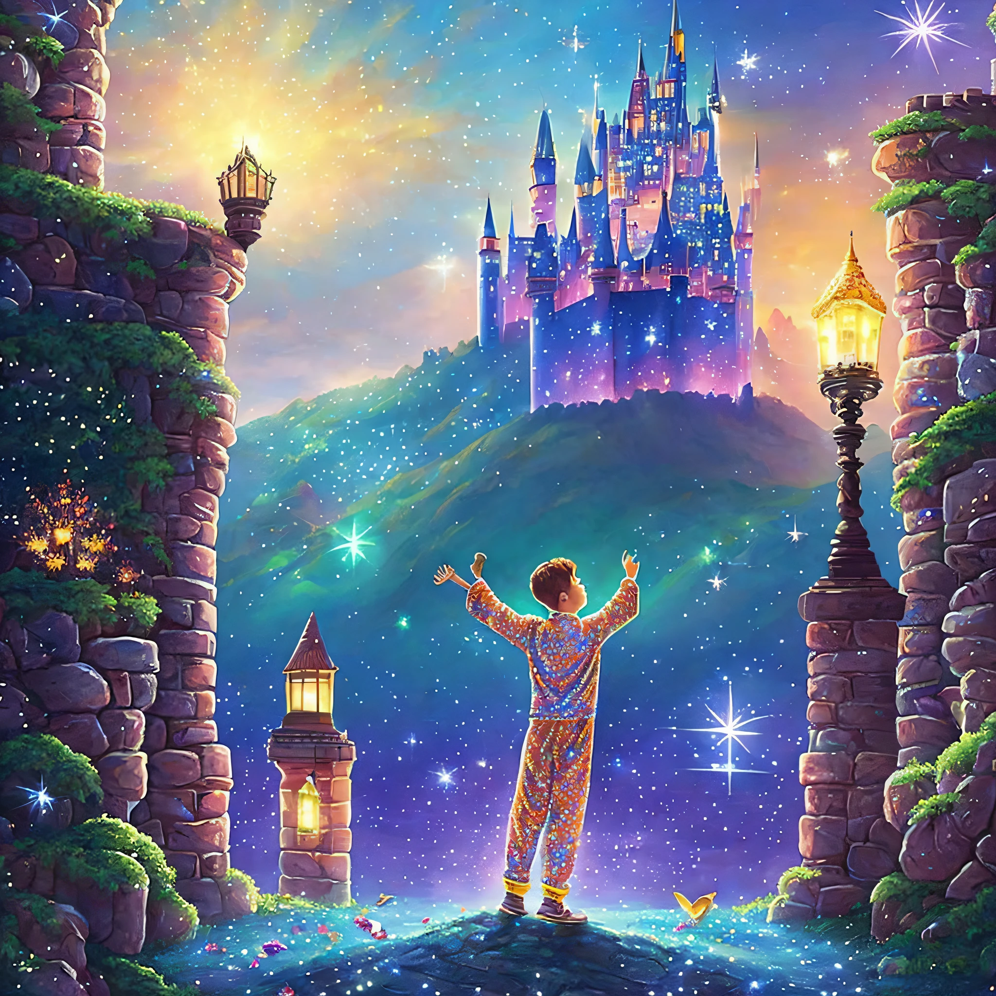 A boy in sparkling, sparkling pajamas in the midst of a fantasy world, adorned with castles and fairies. The pajamas glow with every movement, reflecting the magical light that fills the air