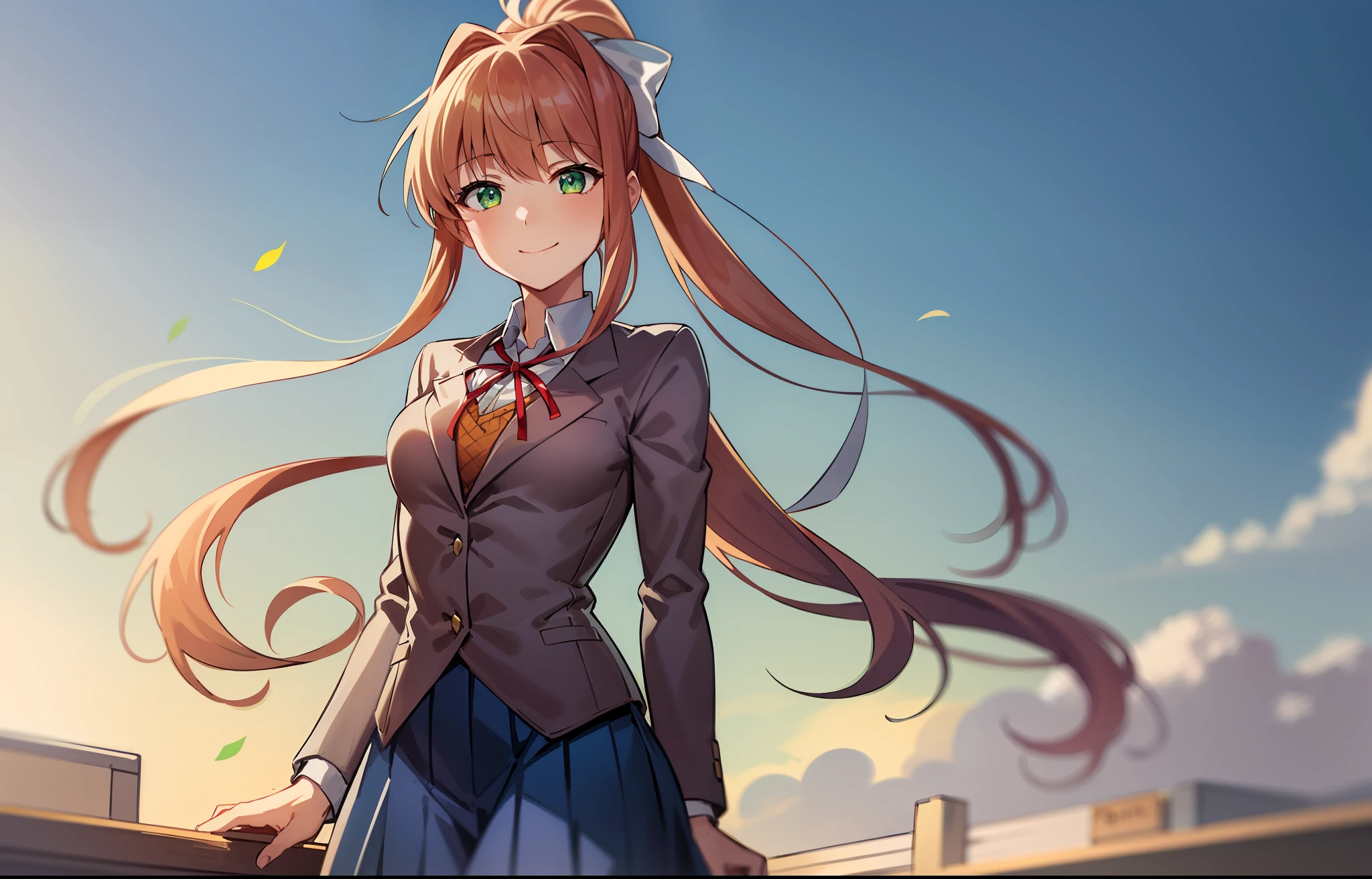 2d, masterpiece, best quality, anime, highly detailed, cowboy shot, 1girl, solo, monika, green eyes, very long hair, ponytail, school uniform, standing, straight-on, smile, white background, simple background, looking at viewer