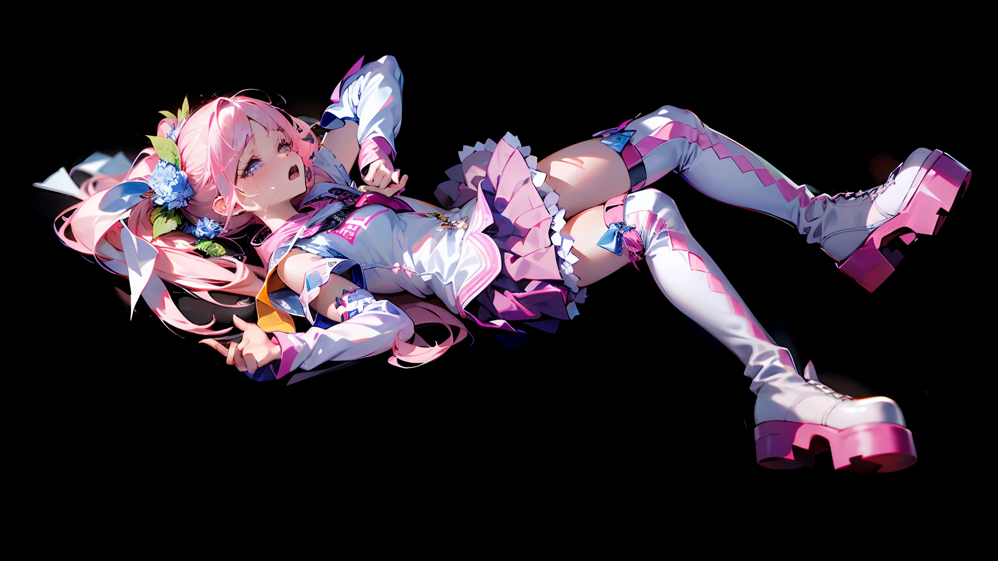 (Lora+QuickHand: 1.2), (Masterpiece: 1.5), (Best Quality: 1.5), 8K Resolution, (Perfect Hand: 1.5), Beautiful expression of a girl with her eyes closed, beaten and crying, falling, (open mouth: 1.2), (pink hair: 1.3+ single ponytail), (white top: 1.2), (pink pleated skirt: 1.2), (pink over-the-knee socks: 1.2), (white boots: 1.2), (no background: 1.5), ( Slender legs: 1.2)),