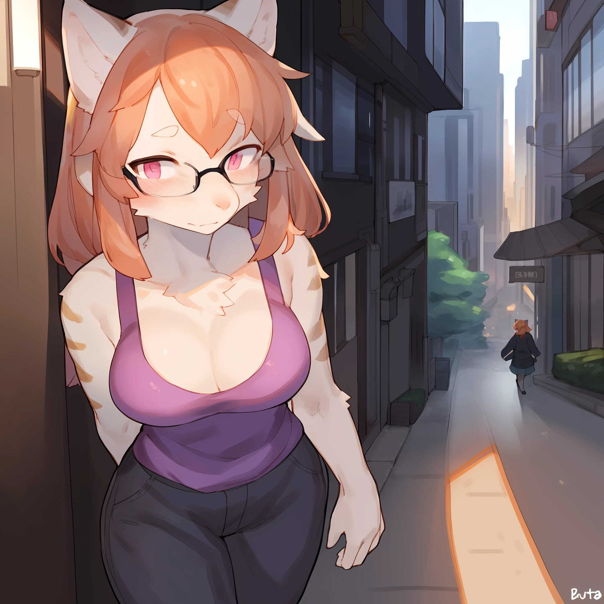 Solo, female, white fur, peach stripes, striped fur pattern, light orange hair, medium hair, pink eyes, detailed eyes, detailed hands, snout, mature, medium breasts, thick-rimmed glasses, standing, by buta99, by bebebebebe, clothed, cleavage, city, bored expression, hands at her sides, casual pose