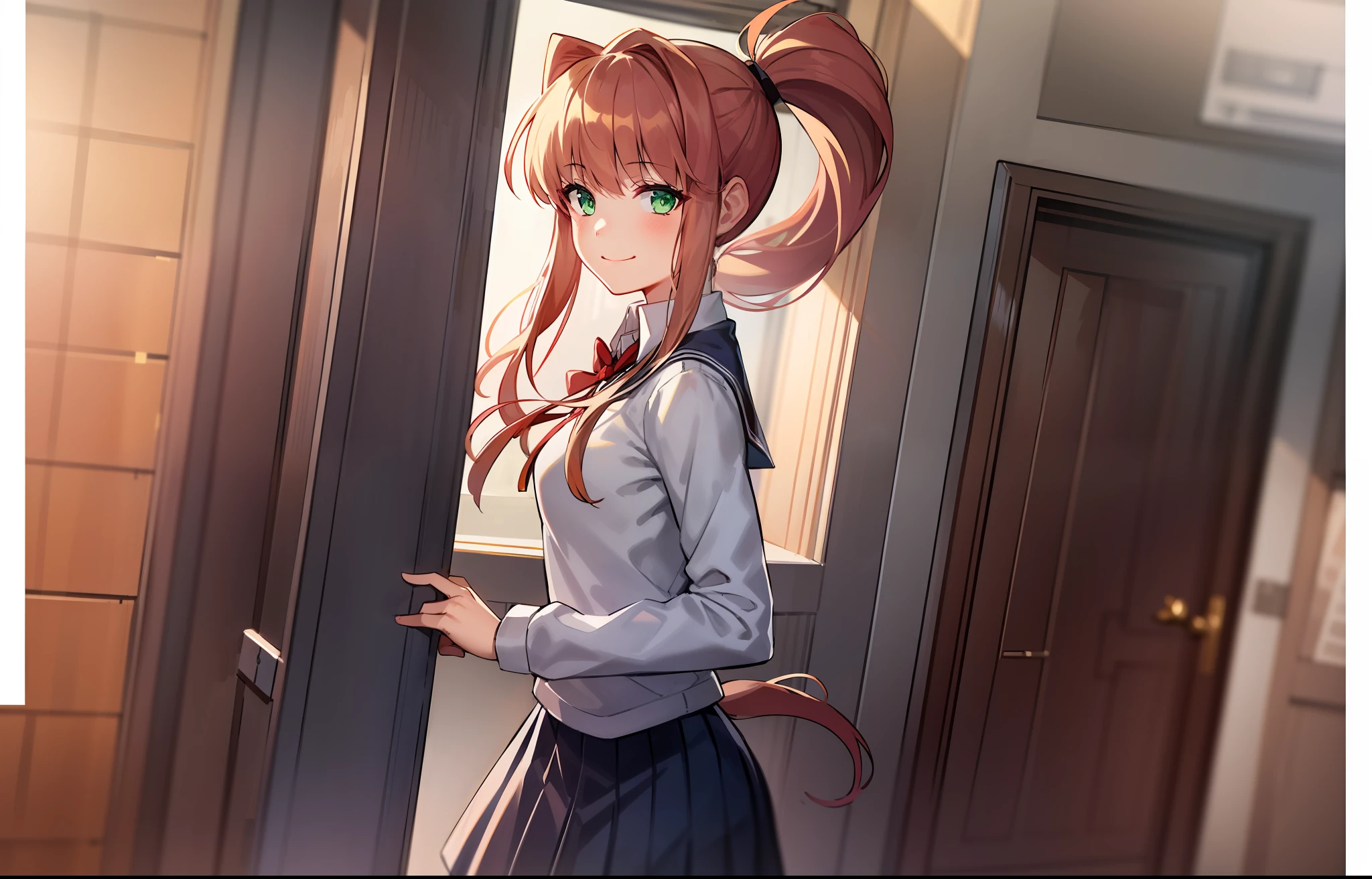 2d, masterpiece, best quality, anime, highly detailed, cowboy shot, 1girl, solo, monika, green eyes, very long hair, ponytail, school uniform, standing, straight-on, smile, white background, simple background, looking at viewer