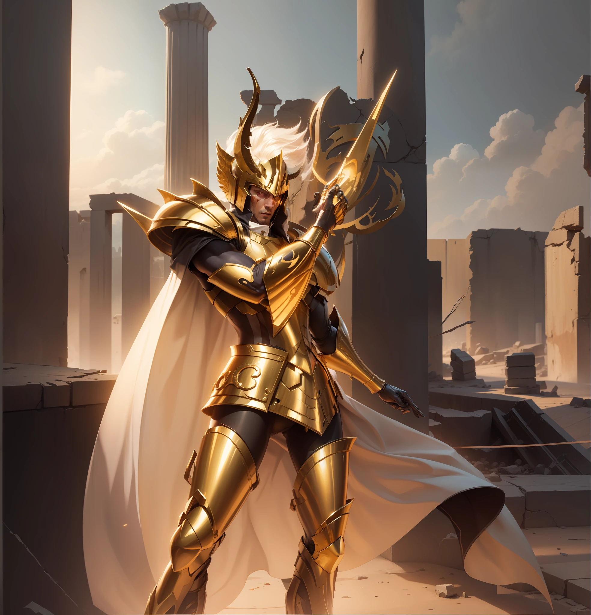 1 man, real skin, golden armor, Realistic art, 16K, detailed, cinematic, illuminated environment in the ruins of Greece