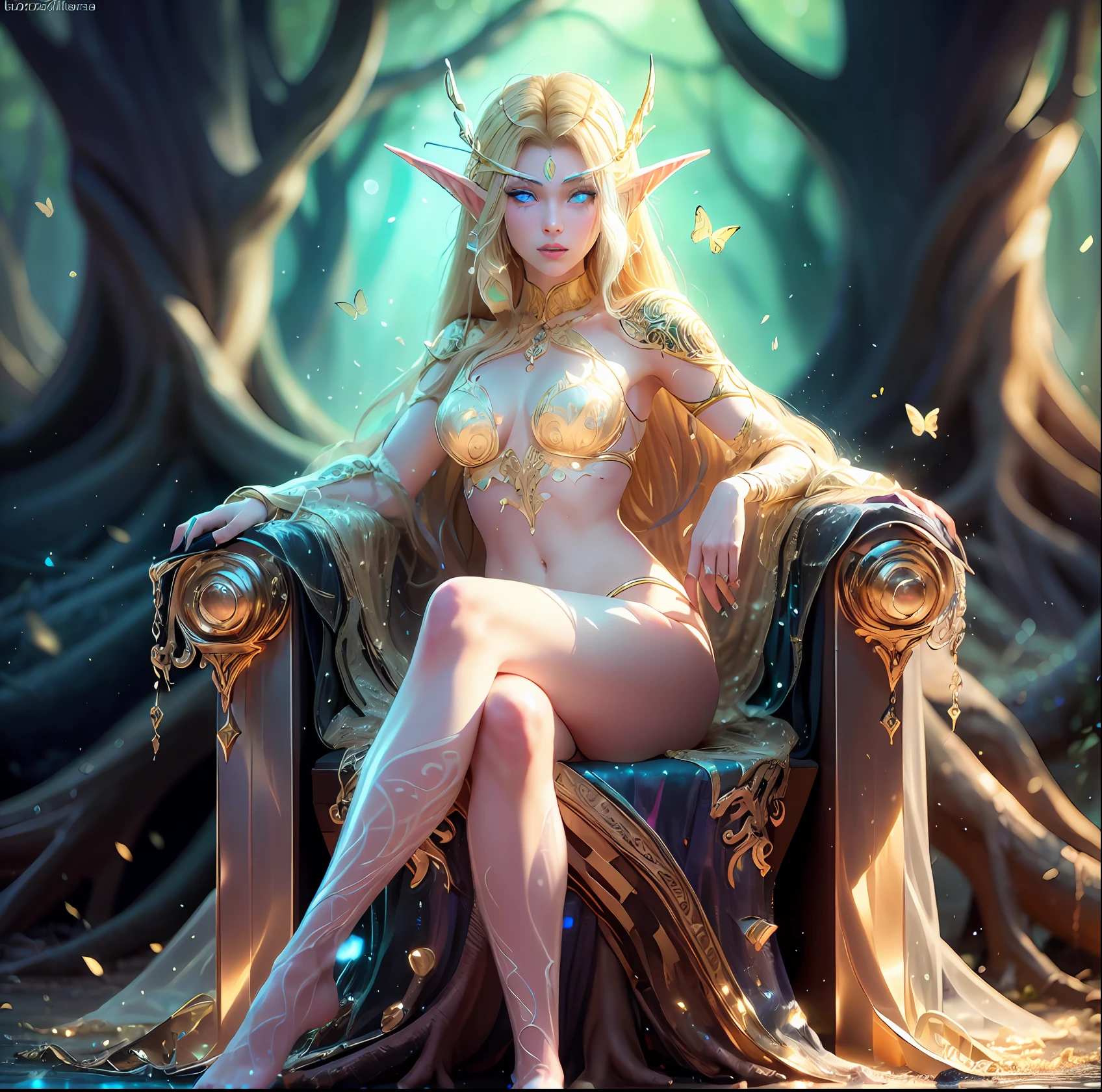 ((Masterpiece, high quality)), ((Cinematic Light)) beautiful elf, fantasy style, blue eyes, pose sitting on a throne made of tree root, beautiful tattoo on her body,((intricate details)), hdr, Dramatic type, magic, long blonde hair, armor covering parts of her body in white and gold details, black forest background, magic, fairies, and neon yellow butterflies