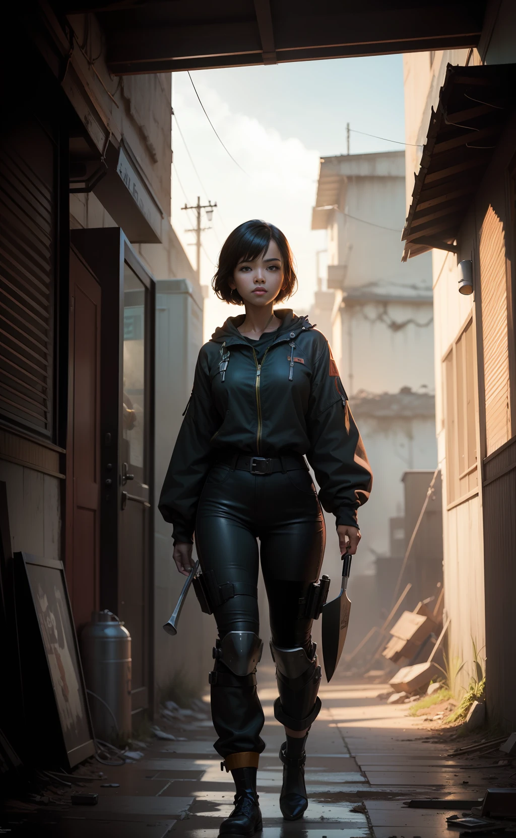 A mix of comic art and lineart full of natural colors, a black woman wearing a torn armored vault jumpsuit, a destroyed and deserted city, ((fallout 3 setting)) the best quality, masterpiece, high resolution, acrylic painting, trend in fan Pixiv box, spatula and brush strokes, makoto shinkai style, Jamie Wyeth James Gillard edward hopper Greg Rutkowski studio ghibli Kenshin impact