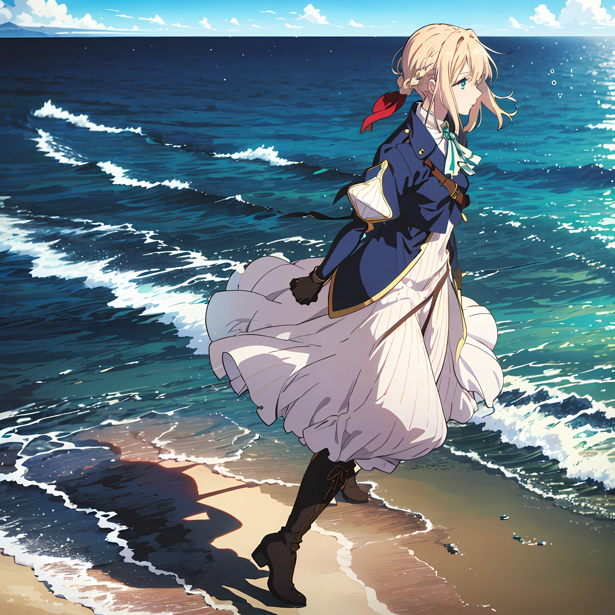 (Violet evergarden:1.4), brooch, ,blue eyes, jacket, blonde, braid, red ribbon ,puffy sleeves, gloves, 1girl, solo ,from side, walking on beach, sky, sunlight,long skirts,boots ,hair blowing