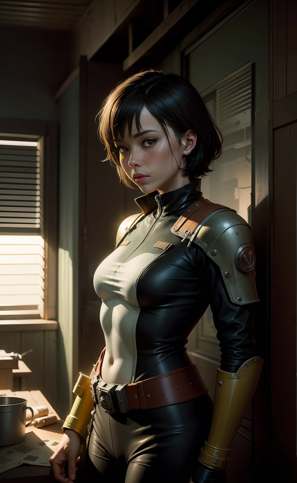 A mix of comic art and lineart full of natural colors, a black woman wearing a torn armored vault jumpsuit, a destroyed and deserted city, ((fallout 3 setting)) the best quality, masterpiece, high resolution, acrylic painting, trend in fan Pixiv box, spatula and brush strokes, makoto shinkai style, Jamie Wyeth James Gillard edward hopper Greg Rutkowski studio ghibli Kenshin impact