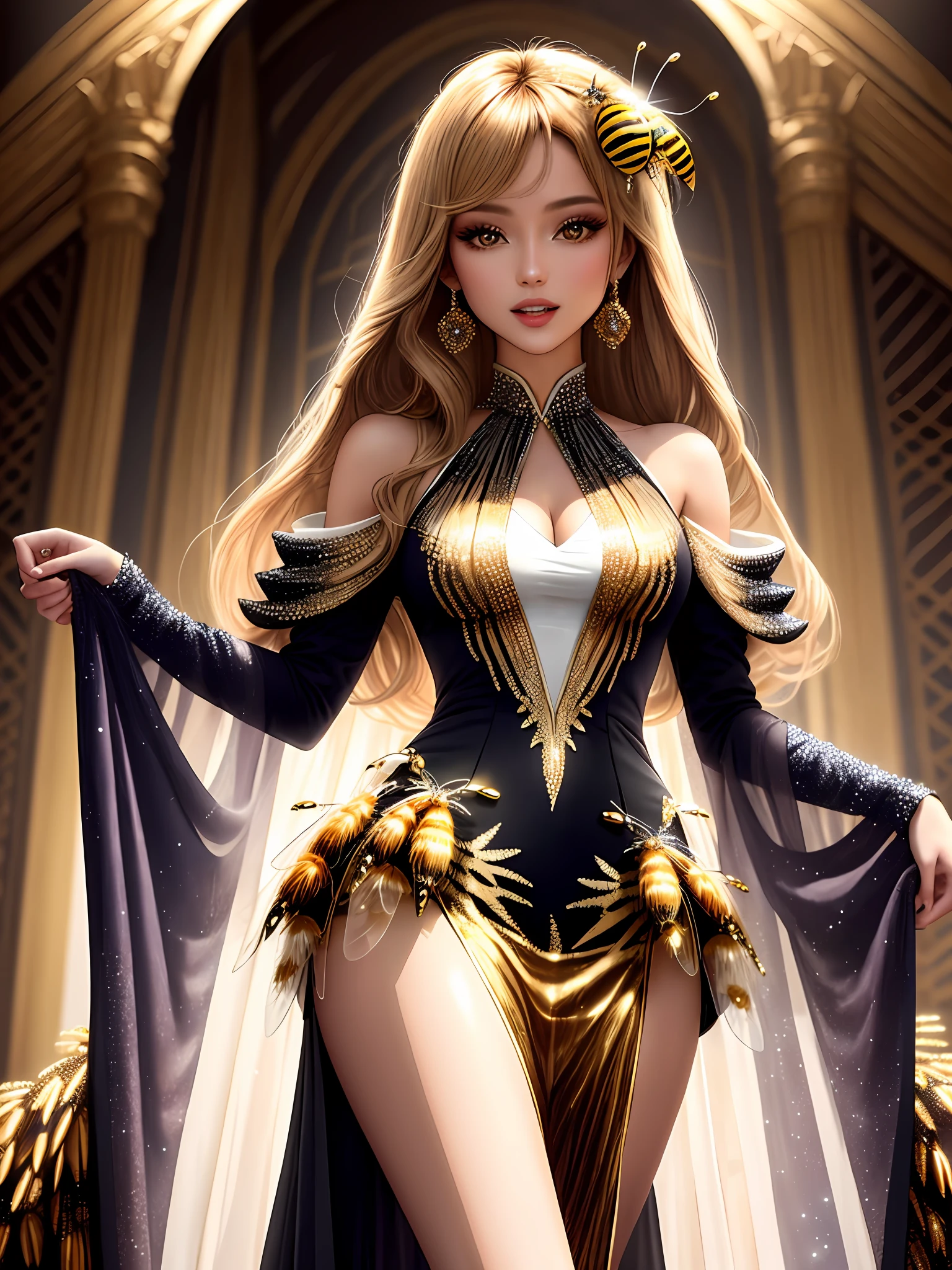 a model wearing a dazzling cocktail dress inspired by the intricate world of honeybees. The dress is crafted from a golden fabric with a honeycomb-like texture, evoking the industrious nature of bees. Delicate honeybee appliqués cascade across the dress, adorned with iridescent sequins to mimic the shimmer of sunlight on a bee’s wings. A voluminous skirt with cascading layers adds drama and elegance to the overall look.