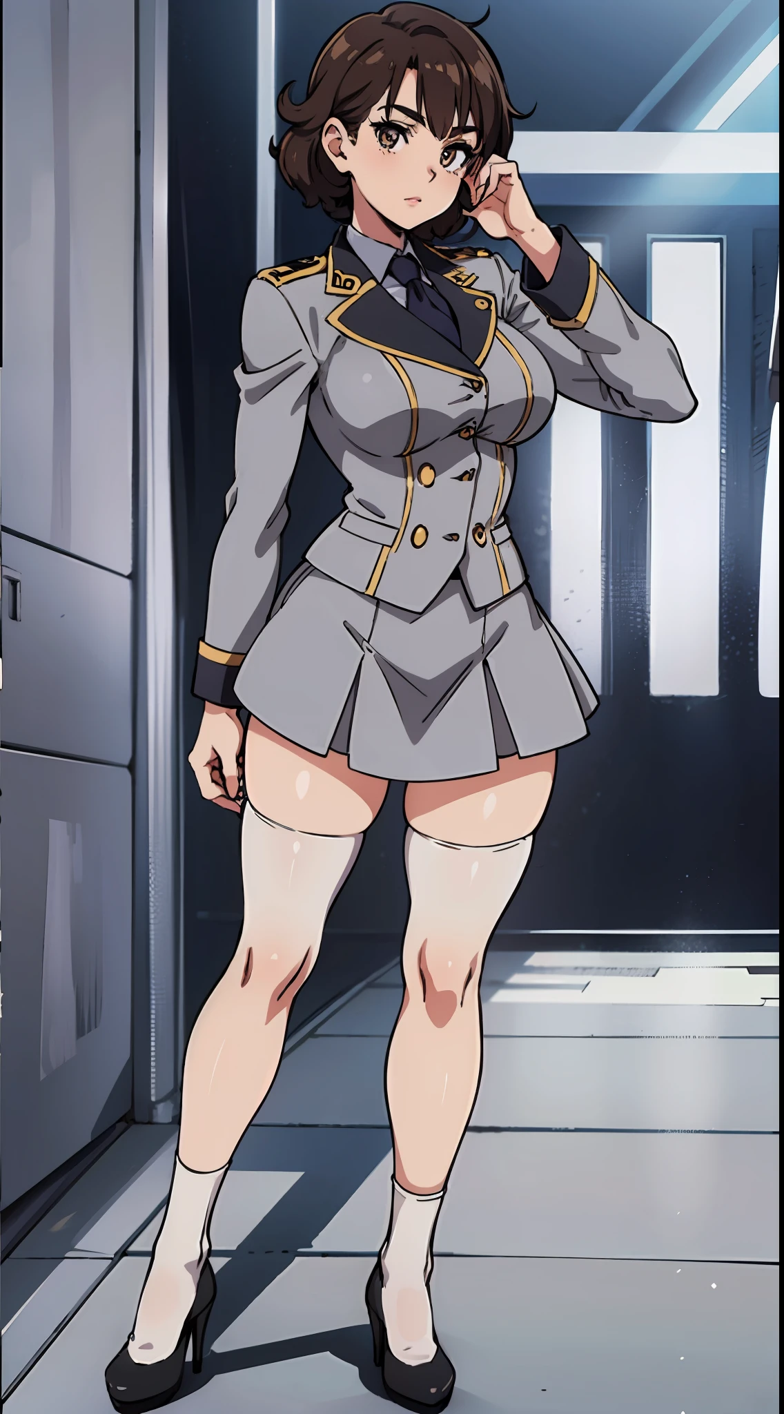 an anime style picture of the girl in the short skirt and white thigh high socks and high heels, 1girl, hazel eyes, brown curly hair, solo, gray blazer, gray skirt, white thigh high socks, black high heels, uniform, highly detailed face, perfect feet, portrait, full body