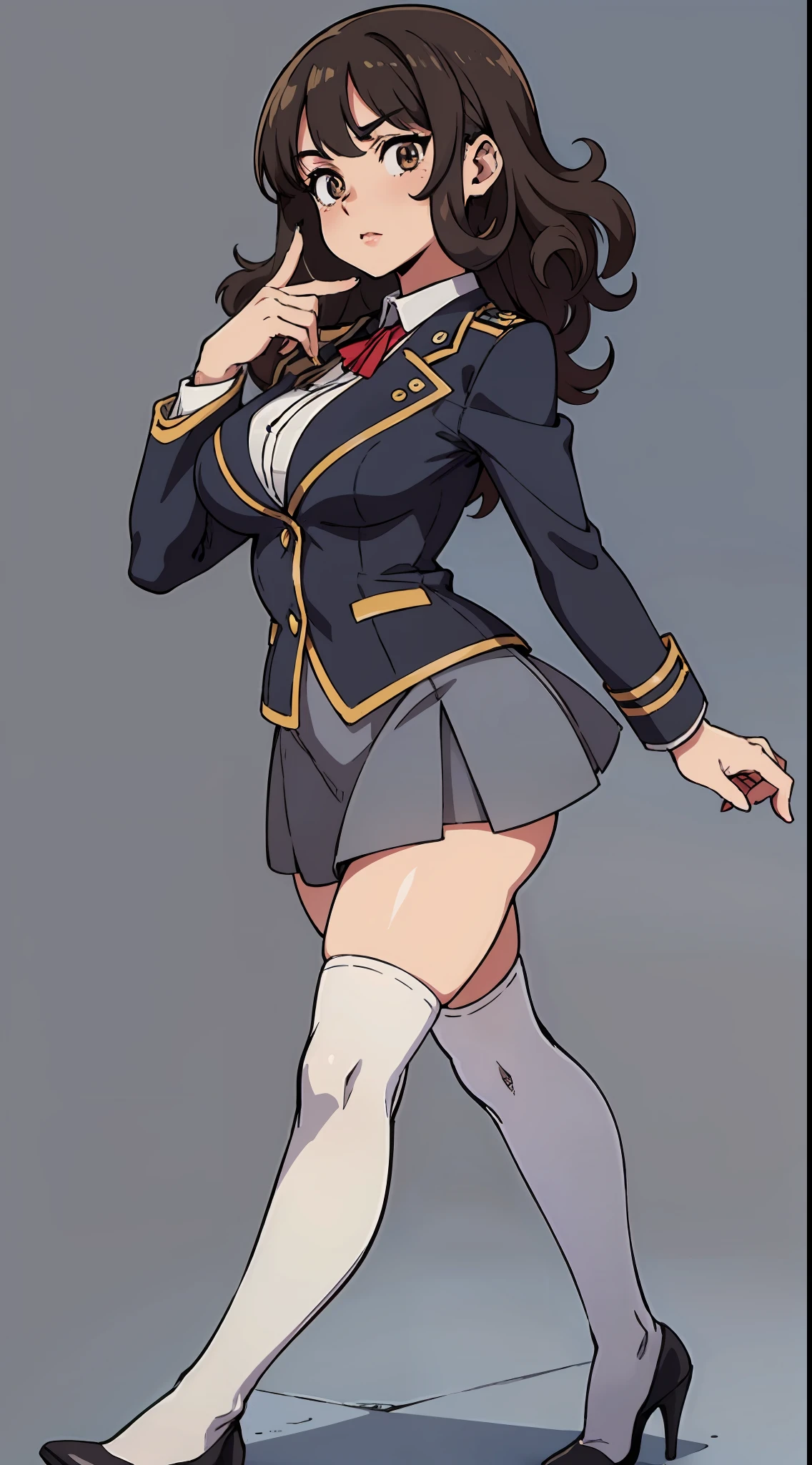 an anime style picture of the girl in the short skirt and white thigh high socks and high heels, 1girl, hazel eyes, brown curly hair, solo, gray blazer, gray skirt, white thigh high socks, black high heels, uniform, highly detailed face, perfect feet, portrait, full body