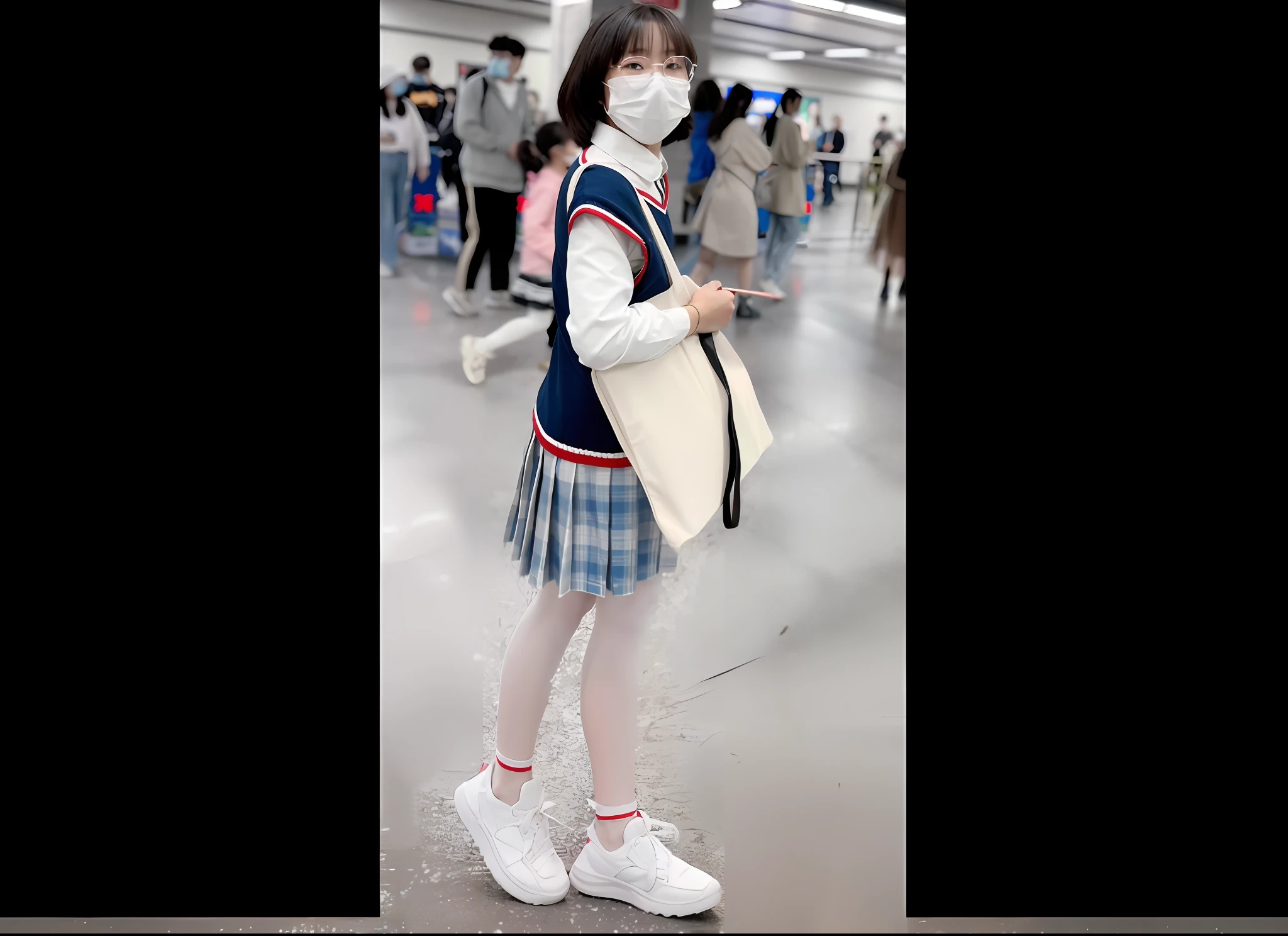 There is a woman wearing a school uniform and mask, Japanese girl school uniform, Japanese school uniform, Chengfu, wearing Japanese school uniform, anime girl cosplay, wearing long and fluent clothes, Chiho, magical school student uniform, Kantai collection style, anime girl in real life, style anime, Y2K style, cute schoolgirl, y 2 k style, white silk, white sneakers