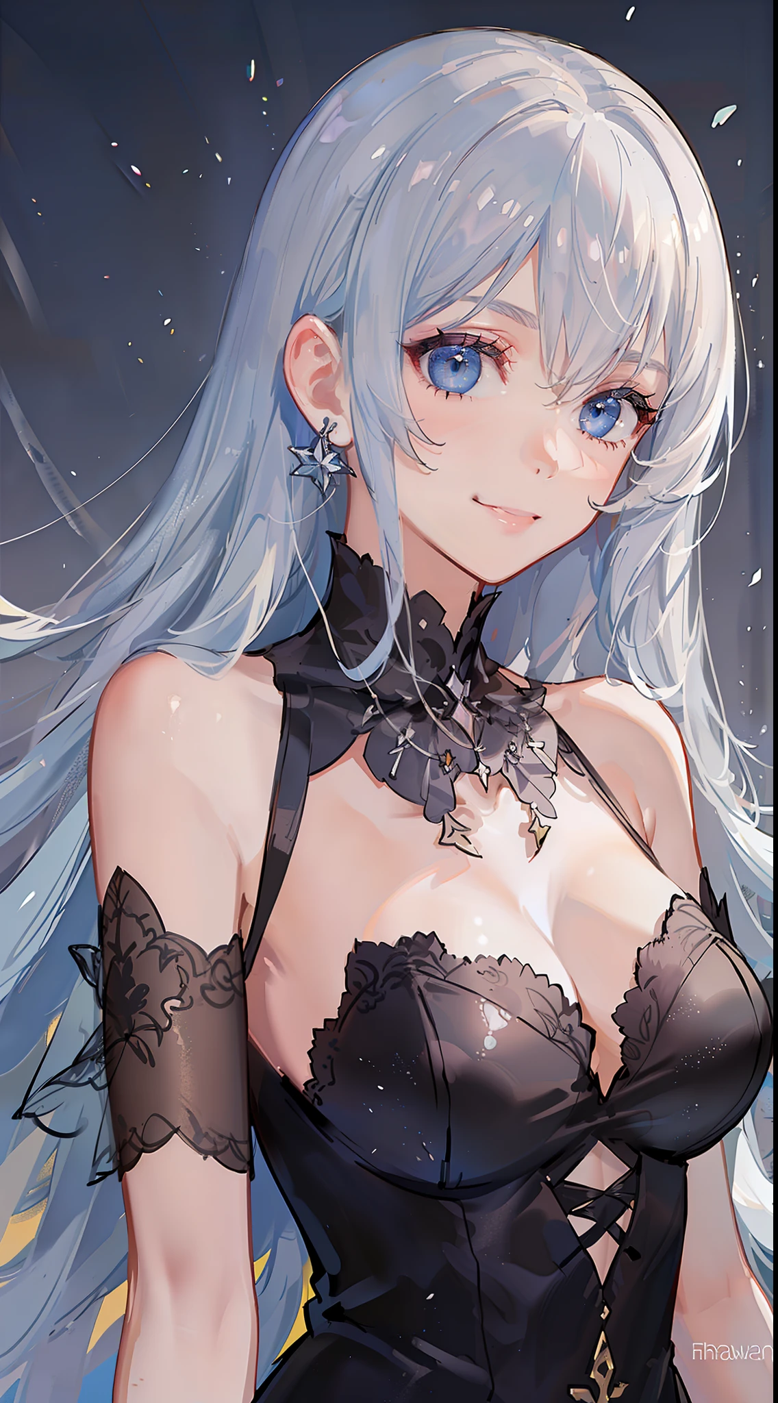Adult girl, long white hair, blue eyes, beautiful dress, open chest, smile, masterpiece, high quality