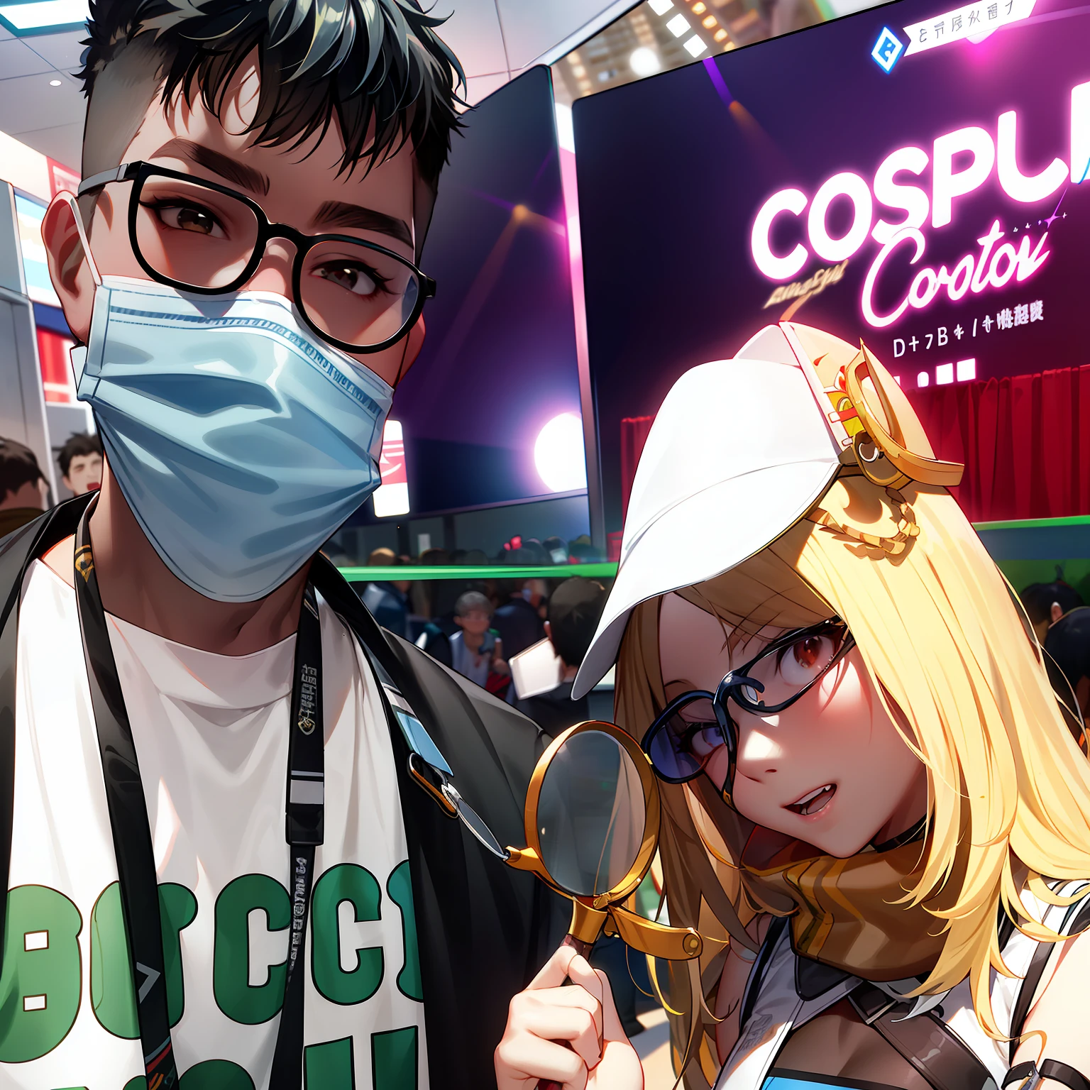 they are wearing masks and holding magnifying glasses at a convention, cosplayer, cosplay, cgcosiety, professional cosplay, trending at cgstation, cospay, kda and sam yang, from ncsoft, cosplay photo, stephen lau and artgerm, cgsociery, nixeu and sakimichan, trending on cgstation, anime cosplay