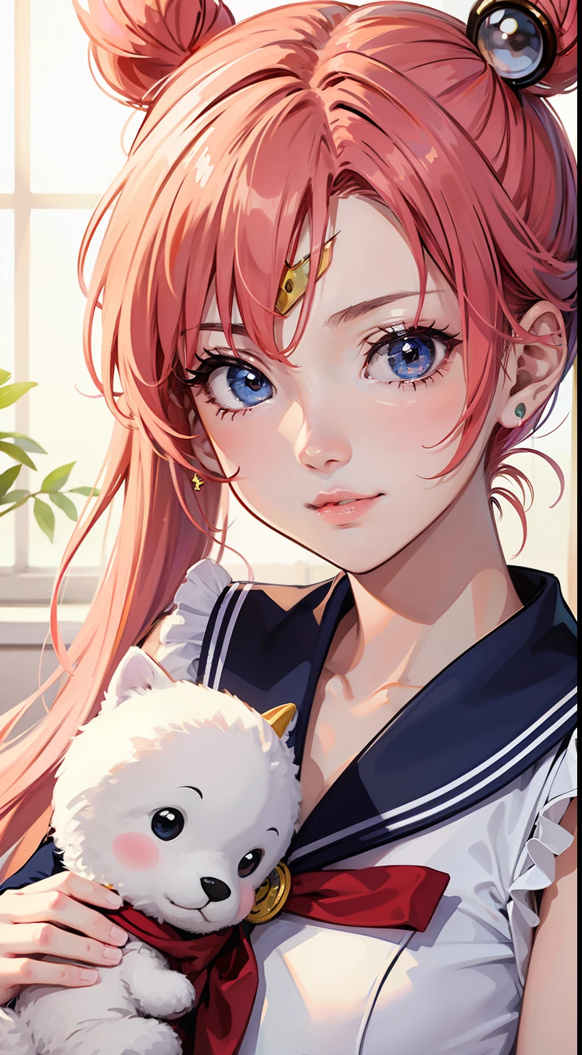 a baby Tsukino Usagi Small Lady Serenity, handsome expression, Sailor Moon, beautiful girl, pink hair, エリザベス·リー, sailor suit, Double tail, Elizabeth Leesad face, elegant, detailed, blind box, fluorescence, bright light, clay material, precision mechanical parts, close-up intensity, ultra-detailed