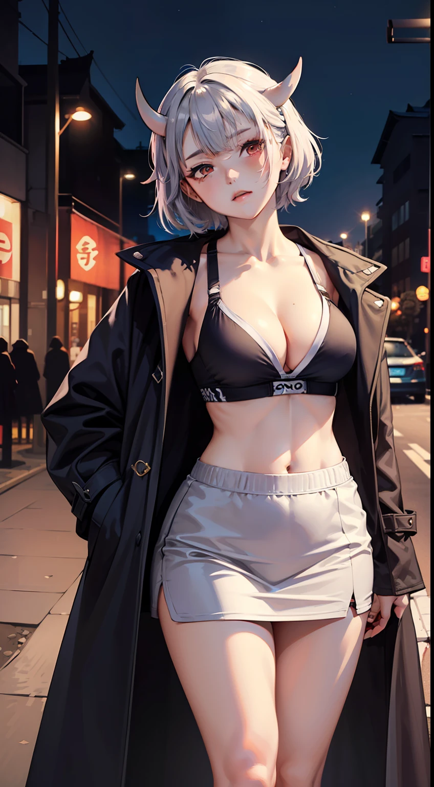 girl, (oni:1.8), Ancient,Night Park Background,Thicc,Cleavage,Head Tilt,Short Hair,French Braid,violet Overcoat,silver Skirt,arknights,Sport Bra ,(masterpiece,detailed,highres:1.4)