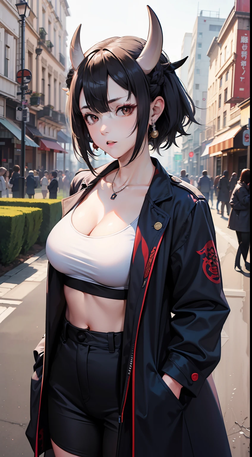 girl, (oni:1.8), Ancient,Night Park Background,Thicc,Cleavage,Head Tilt,Short Hair,French Braid,violet Overcoat,silver Skirt,arknights,Sport Bra ,(masterpiece,detailed,highres:1.4)