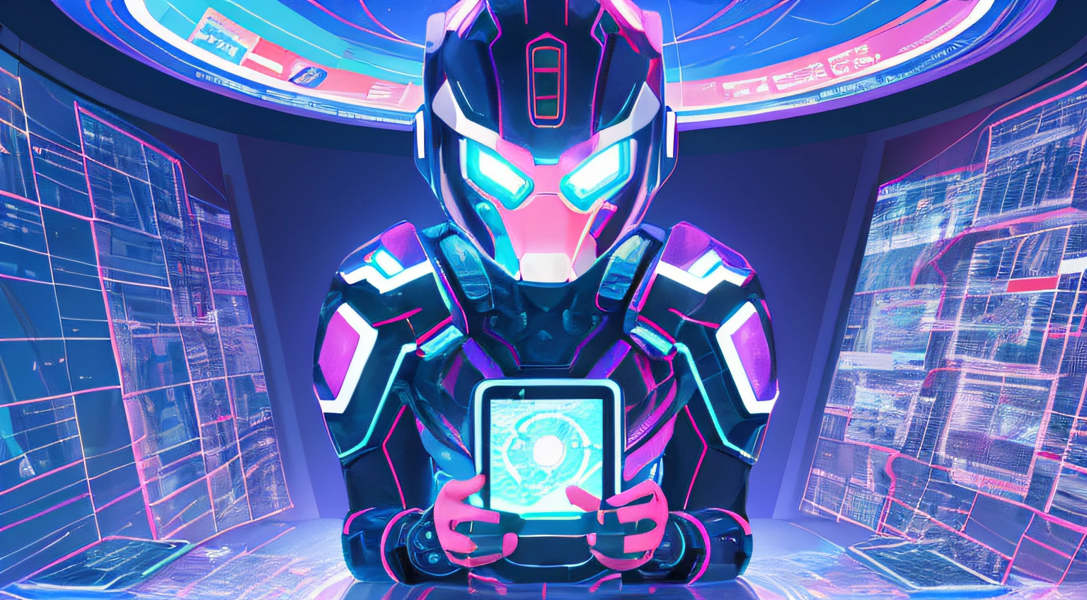 The cover image shows a futuristic and technological scene. At the center, an artificial intelligence (AI) is in the spotlight, surrounded by multiple computer screens and tablets. AI is interacting with different social networks such as Facebook, Instagram and Twitter, and creating fine art for each of them. The artwork is colorful, engaging and attractive, catching the attention of users. AI is represented as a futuristic figure, with touches of lights and visual effects, conveying the sense of innovation and creativity. In the background, you can see a modern and minimalist environment, with graphic elements and icons related to social networks. The predominant color is blue, symbolizing technology and trust.