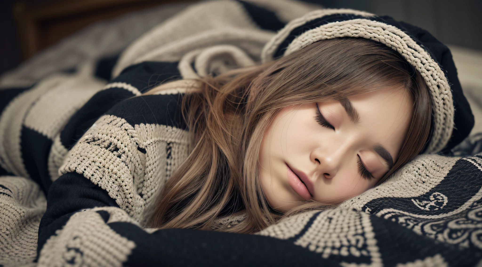 GIRL BLONDE CHILD with long hair wearing a scarf and a hat, sleepy fashion model face, sleepy, sleepy expression, Marisa Kirisame, wearing cute black scarf, prettier, sleeping, sick with a cold, Lalisa Manobal, Misa Amane*, very tired woman, sleeping, Takeyuki Kanda, Lalisa Manoban of blackpink