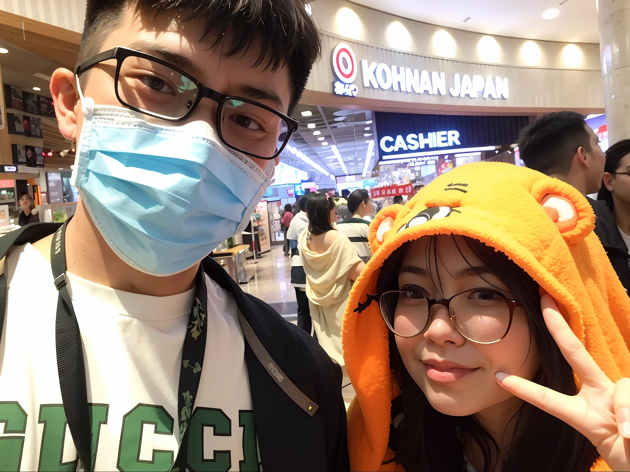 they are wearing masks and posing for a picture in a mall, nixeu and sakimichan, in a mall, at a mall, ruan jia and fenghua zhong, reddit post, with kitsune mask, appearing in a shopping mall, ruan jia and brom, wearing a fisher 🧥, wearing a kitsune mask, from china
