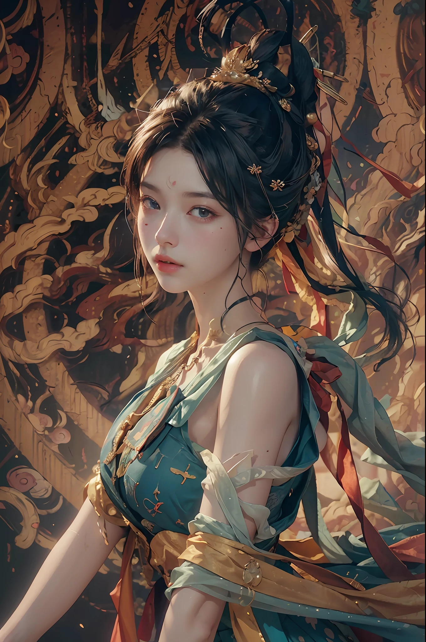 (RAW photo, best quality), (realistic, photo-realistic:1.3),best quality,highly detailed,masterpiece,ultra-detailed,illustration,1girl,upper_body,dynamic angle,world masterpiece theater,messy_long_hair,best quality,extremely detailed CG unity 8k wallpaper,ink,Amazing,cinematic lighting,lens_flare, dunhuang_style