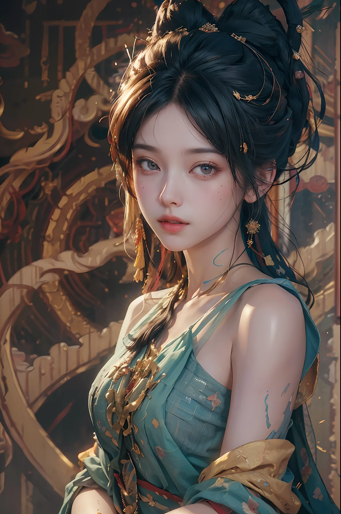 (RAW photo, best quality), (realistic, photo-realistic:1.3),best quality,highly detailed,masterpiece,ultra-detailed,illustration,1girl,upper_body,dynamic angle,world masterpiece theater,messy_long_hair,best quality,extremely detailed CG unity 8k wallpaper,ink,Amazing,cinematic lighting,lens_flare, dunhuang_style