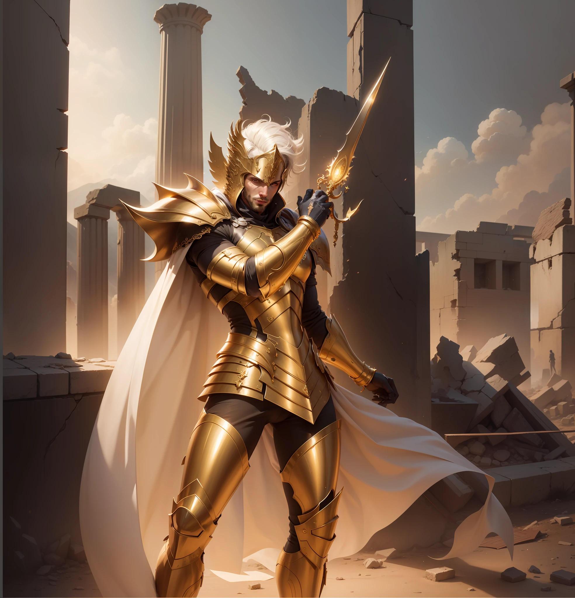 1 handsome man, 30 years old, real skin, golden armor, Realistic art, 16K, detailed, cinematic, illuminated environment in the ruins of Greece
