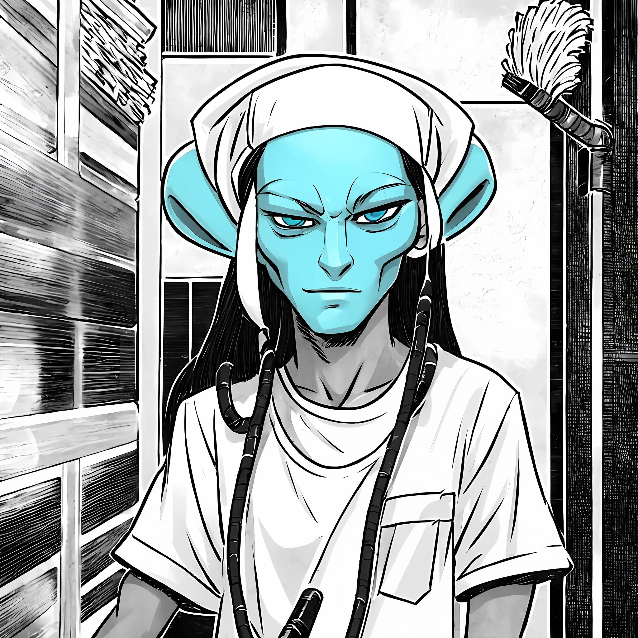Blue-skinned humanoid alien in cartoon, white cap and white janitor's outfit, long black hair up to his shoulders and holding a mop