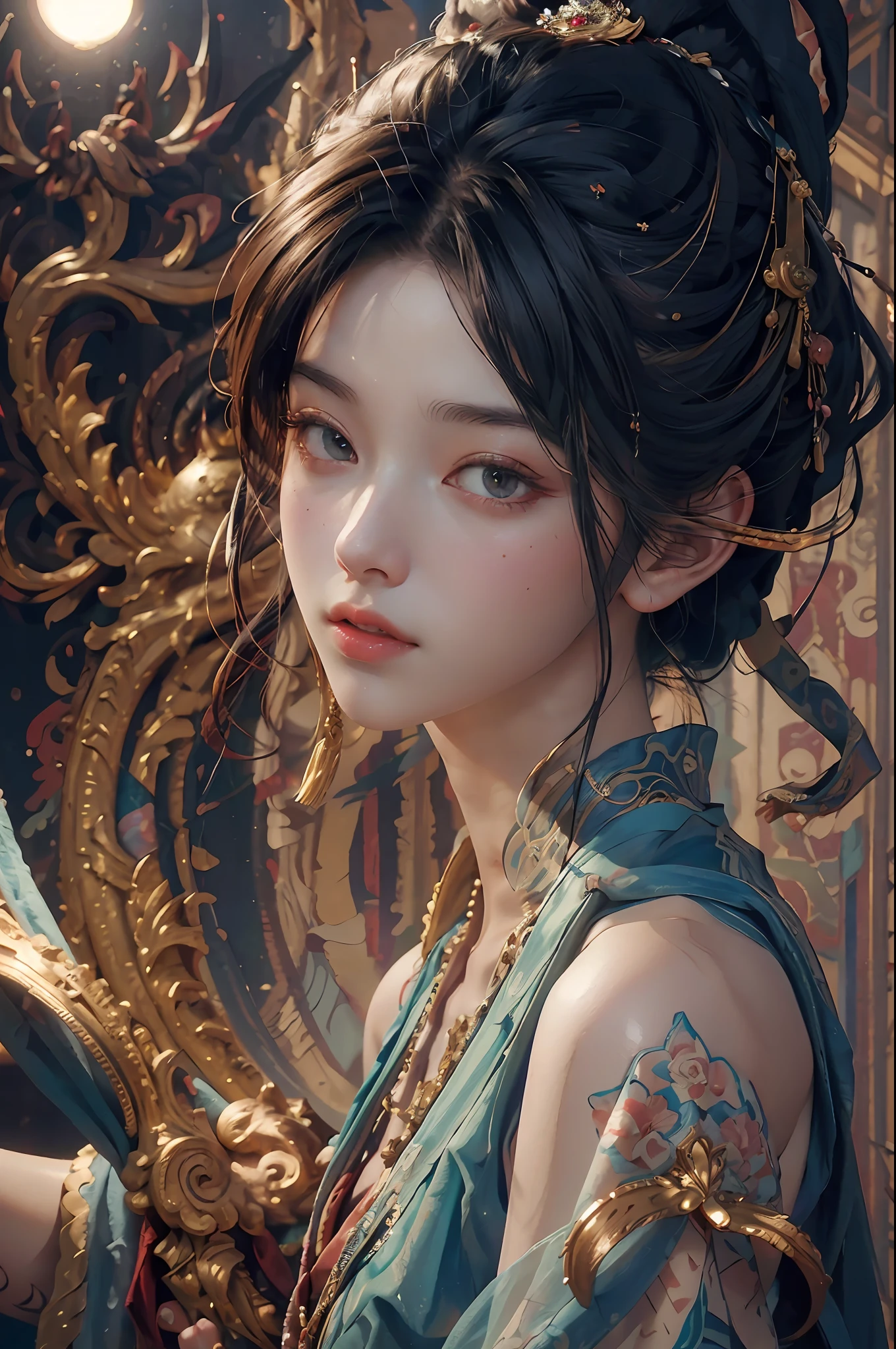 (RAW photo, best quality), (realistic, photo-realistic:1.3),best quality,highly detailed,masterpiece,ultra-detailed,illustration,1girl,upper_body,dynamic angle,world masterpiece theater,messy_long_hair,best quality,extremely detailed CG unity 8k wallpaper,ink,Amazing,cinematic lighting,lens_flare, dunhuang_style