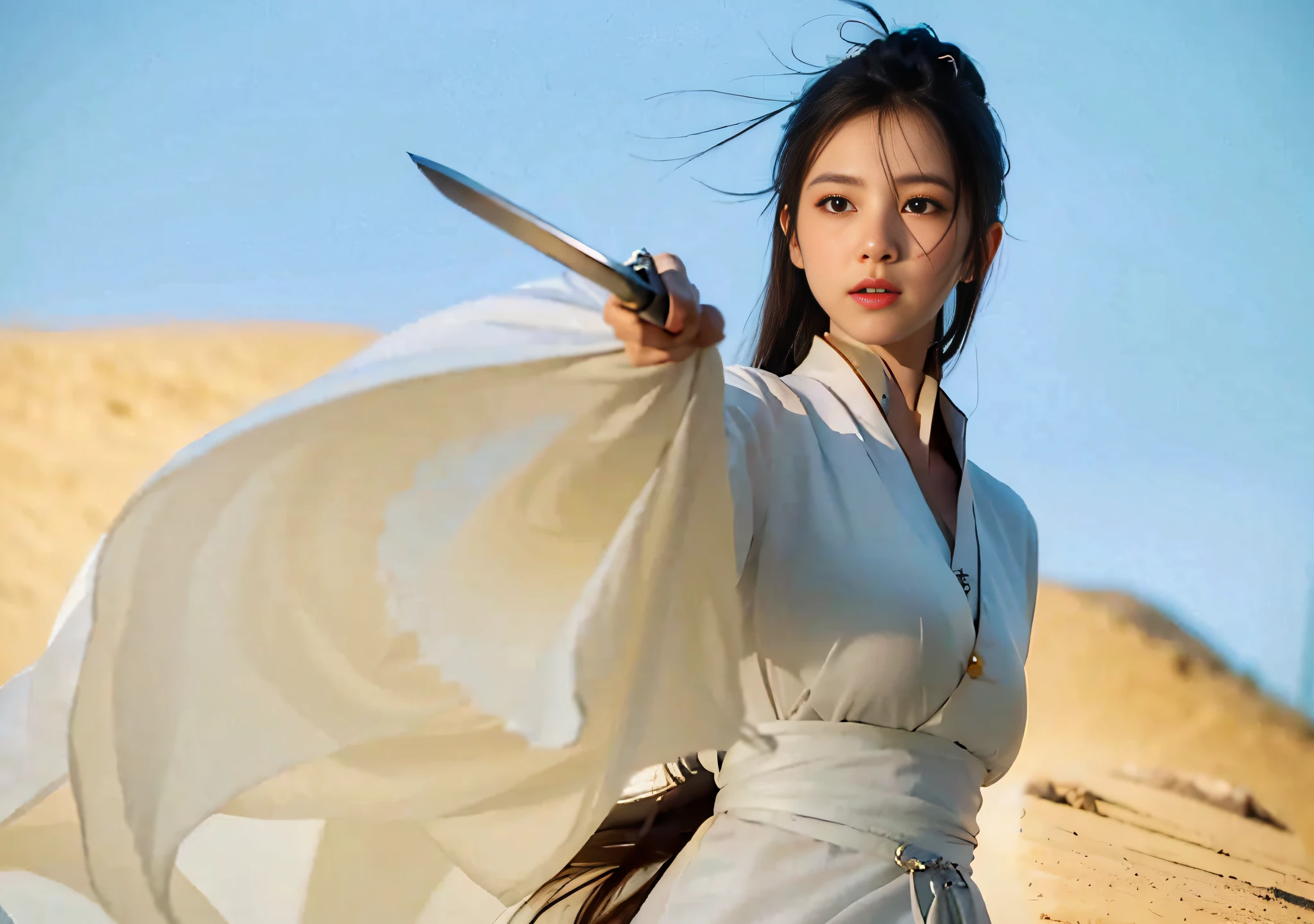 (RAW photo, best quality), (realistic, photo fidelity: 1.3), best quality, highly detailed, masterpiece, hyper-detailed, woman in white dress, black hair, breeze blowing hair, delicate face, (((((big breasts: 2.0))))), perfect breasts, bumpy figure, flowing white robe, white hanfu, holding a sword in hand, ((hand holding the sword flat pointing forward)), seven-point body, breeze, desert, ultra-wide angle, cinematic lighting effects