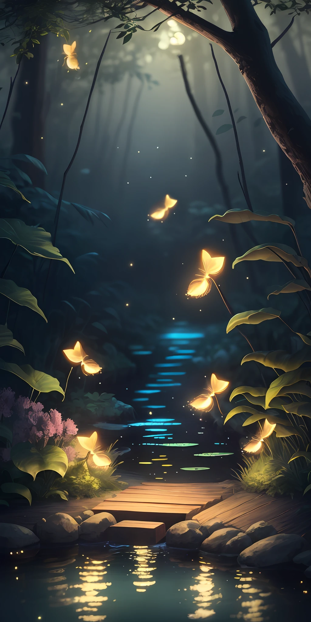 Masterpiece, best quality, (very detailed CG unity 8k wallpaper), (best quality), (best illustration), (best shadows), glow sprite, with a glowing deer, in the swimming pool Drinking water, natural elements in the forest theme. Mysterious forest, beautiful forest, nature, surrounded by flowers, delicate leaves and branches surrounded by fireflies (natural elements), (jungle theme), (leaves), (twigs), (fireflies), (particle effects) etc. 3D , Octane rendering, ray tracing, super detailed