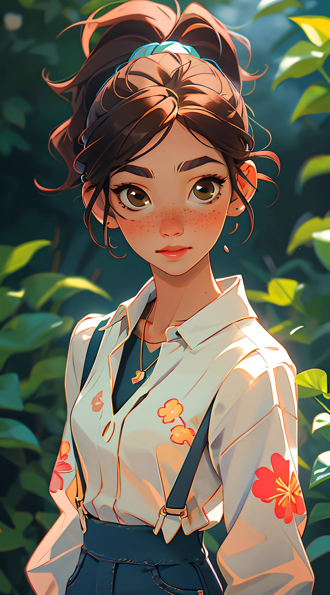 (masterpiece, best quality), 1girl, collarbone, wavy hair, looking at viewer, blurry, upper body, necklace, suspenders, floral print, ponytail, freckles, brown hair, sunlight,