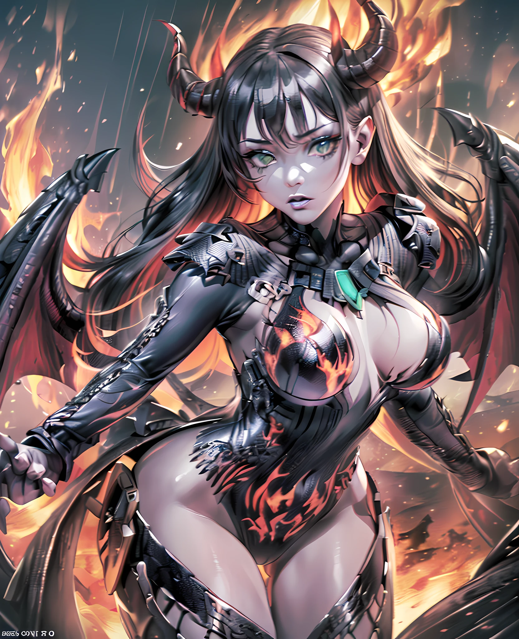 (((Demon woman with demon wings on her back))), (((model pose)), (((Panoramic background view of a hell full of demons with flames of fire))), a paradisiacally hellish view,Violet skin, full body demon woman, flaming monsters, high contrast, cinematic, realistic, ultra-realistic, hyperrealistic, 8K, 3D, UHD, HD, HDR, ((yellow: 0)), ((blue: -60)), ((green: -40)), ((red: 0)),    ((saturation: -15)),((brightness: -5)), ((big mountain: 3.2)), brown eyes, black eye shadow, dark lips, full lips, beautiful face, dirty blond hair with whispers for bangs, ((Fire 30%)), ((lava 40%))